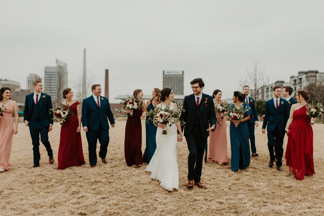 Mismatched Burgundy and Blue Wedding party | Industrial Downtown Birmingham, Alabamam Wedding | Alabama Wedding Photographer