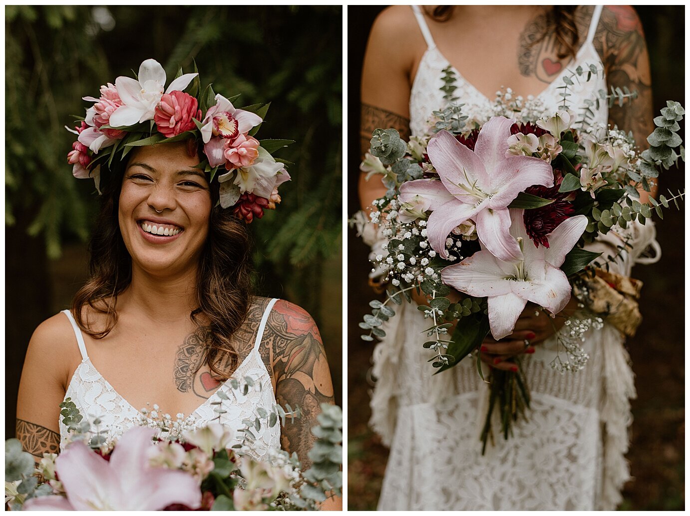 bride holding a bouquet of boho, tropical flowers 