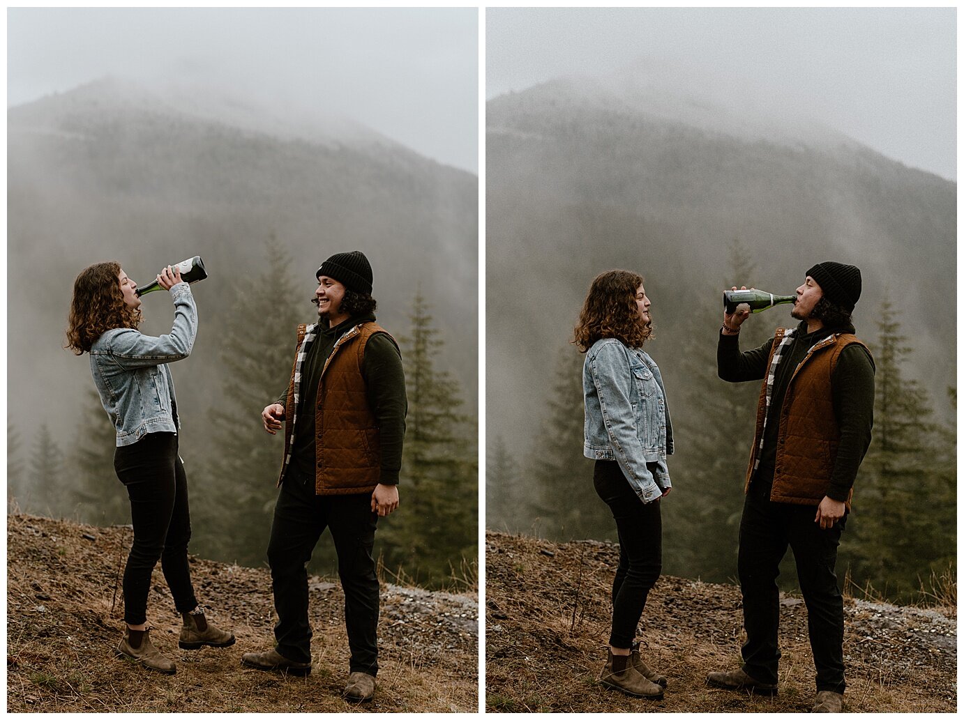 engaged couple popping champagne during their mt hood engagement session 