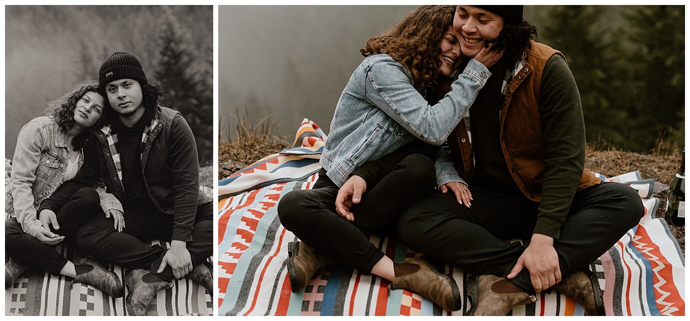 engaged couple sitting on a picnic blanket during their mt hood engagement session 