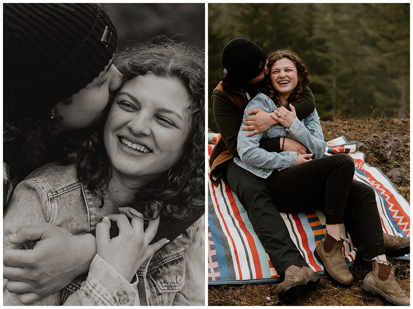 engaged couple sitting on a picnic blanket during their mt hood engagement session 