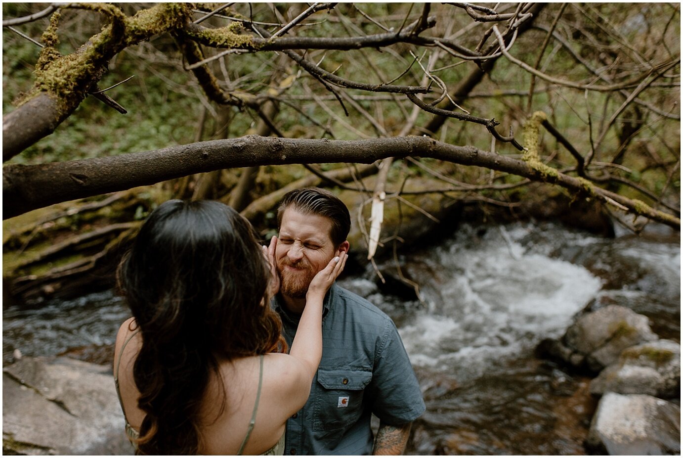 engaged couple taking photo at Colombia River Gorge