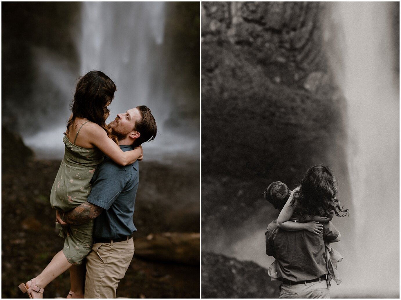 engaged couple posing in front of a waterfall in mt hood, oregon