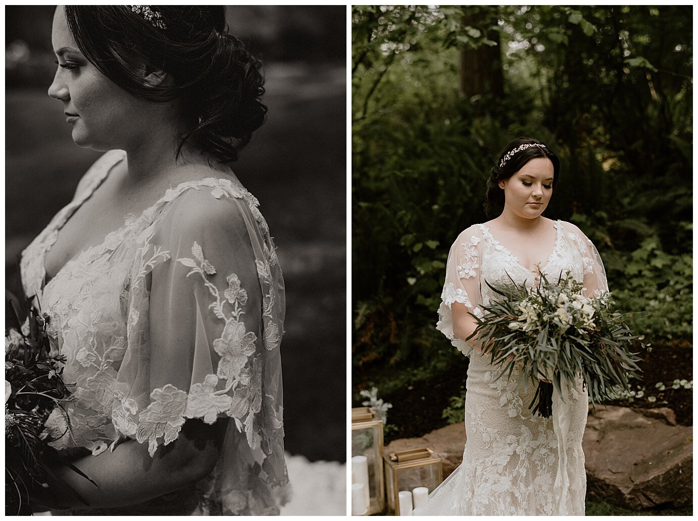 bride wearing lace dress with bell sleeves and holding a greenery bouquet