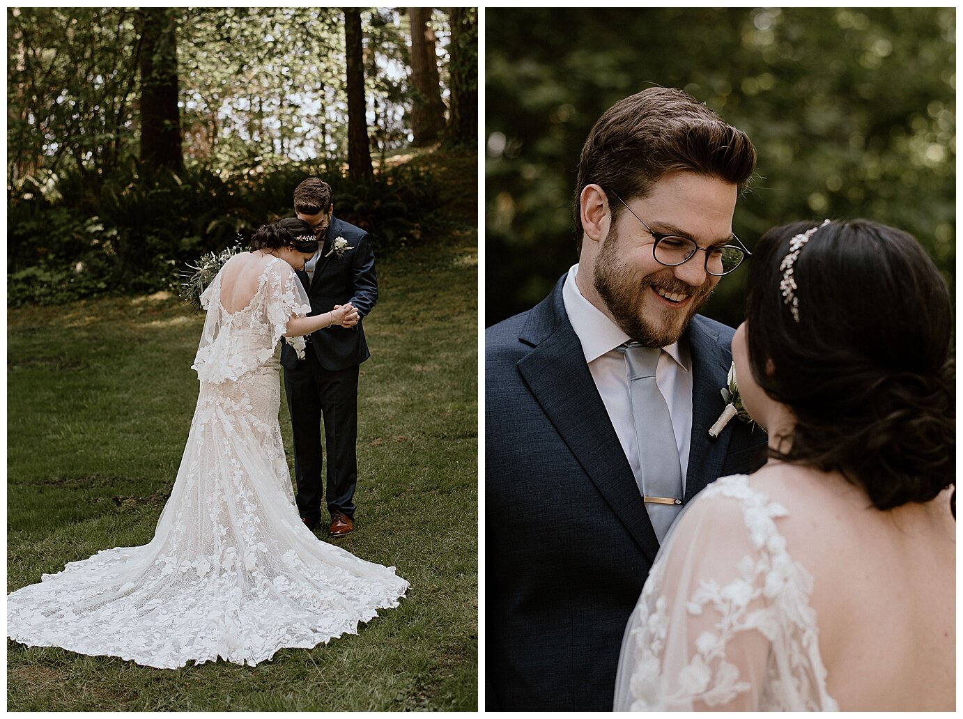 intimate backyard wedding first look with bride and groom