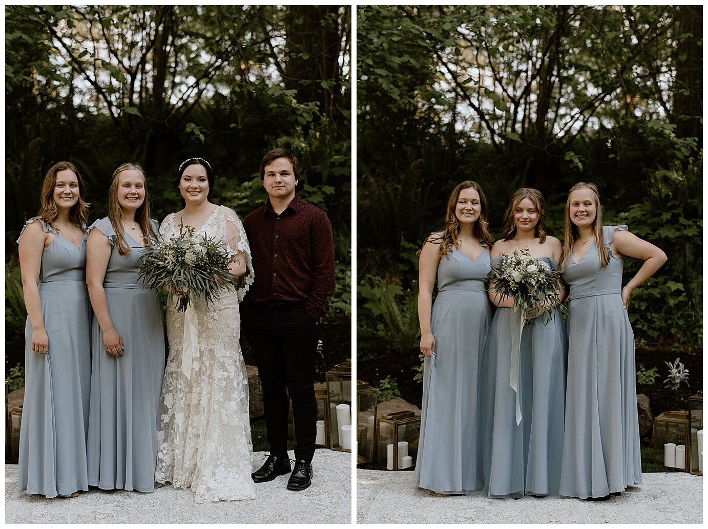 bride with bridesmaids wearing dusty blue long dresses and holding greenery bouquets