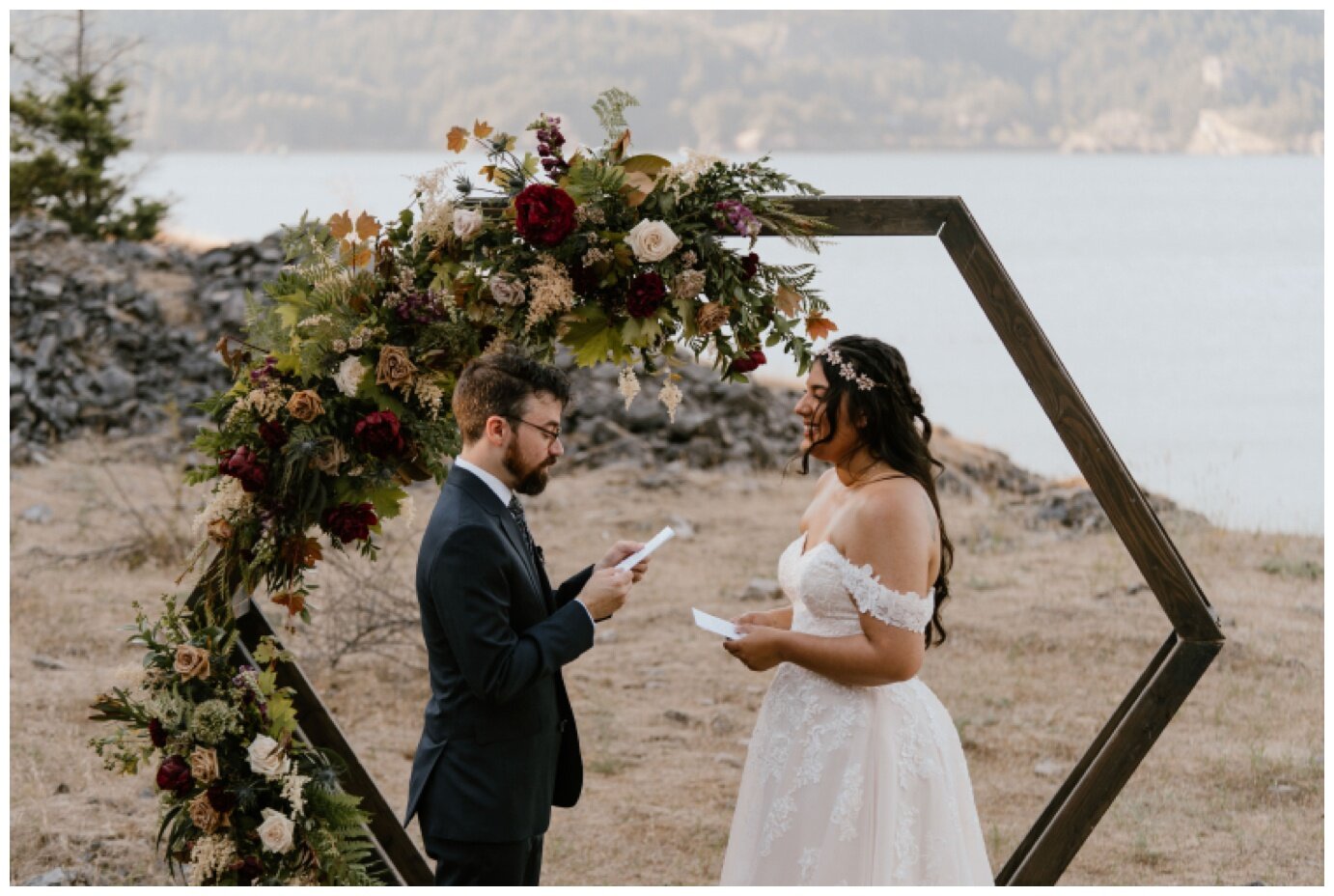 bride and groom exchanging vows during columbia river gorge elopement