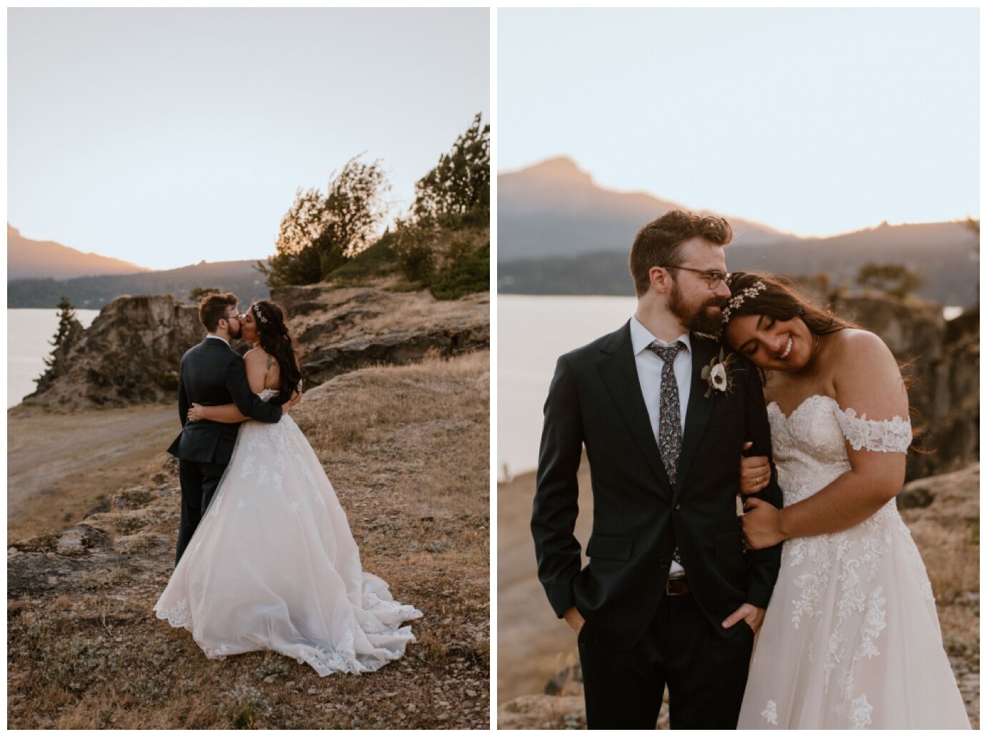bride and groom taking sunset portraits during columbia river gorge elopement