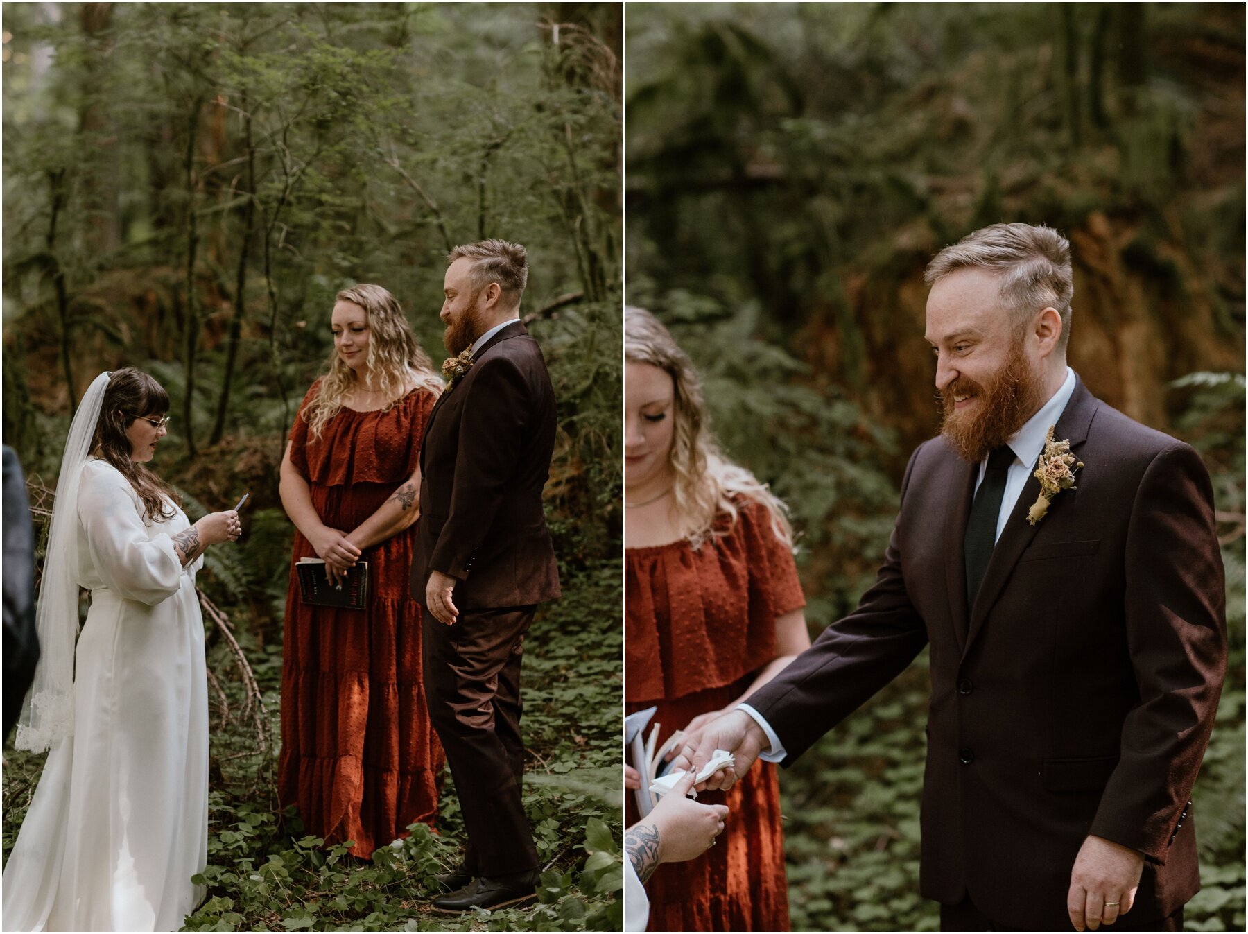 bride and groom exchanging vows during their woodsy elopement in oregon