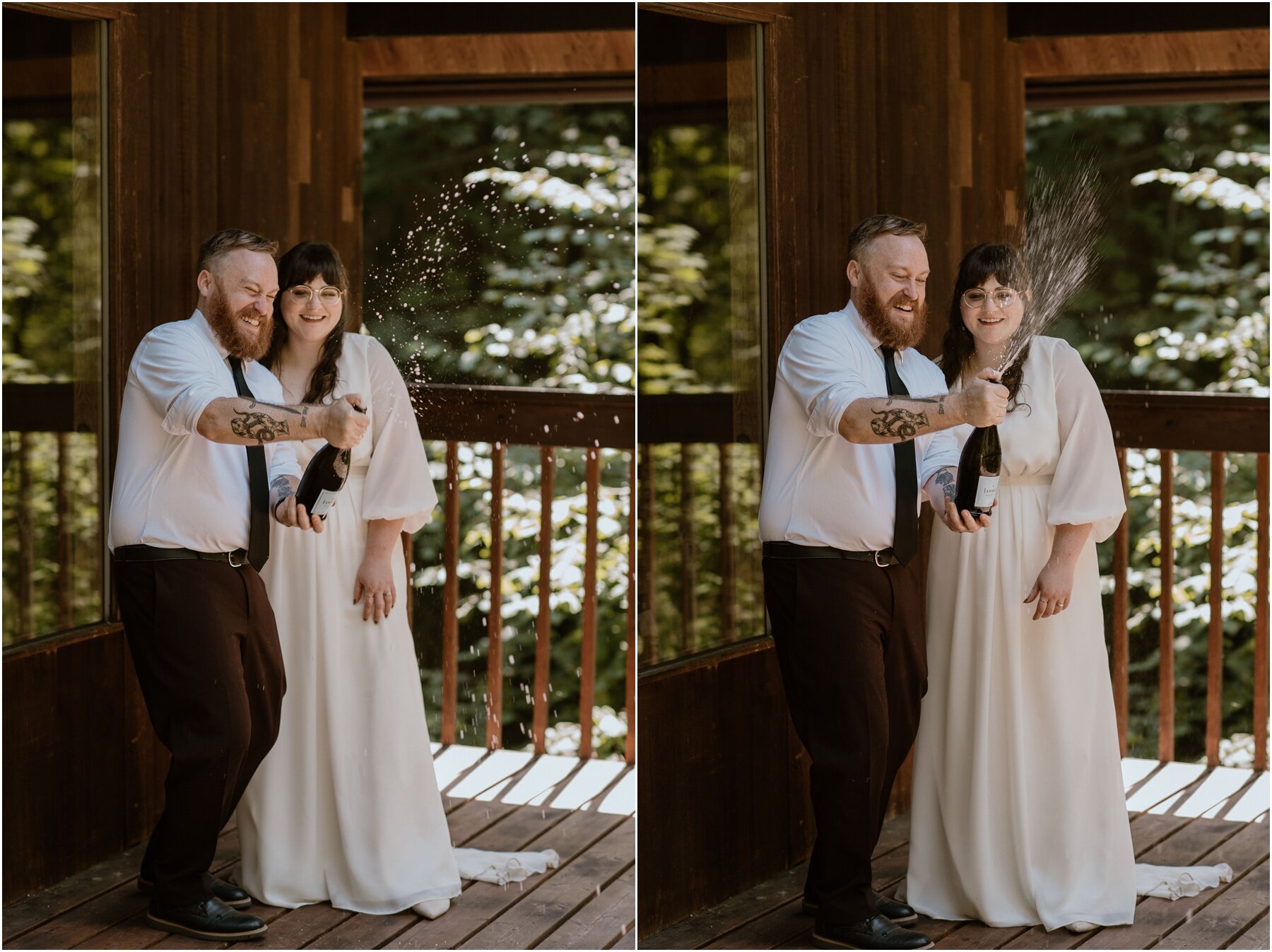 bride and groom popping champagne after their woodsy elopement in Oregon