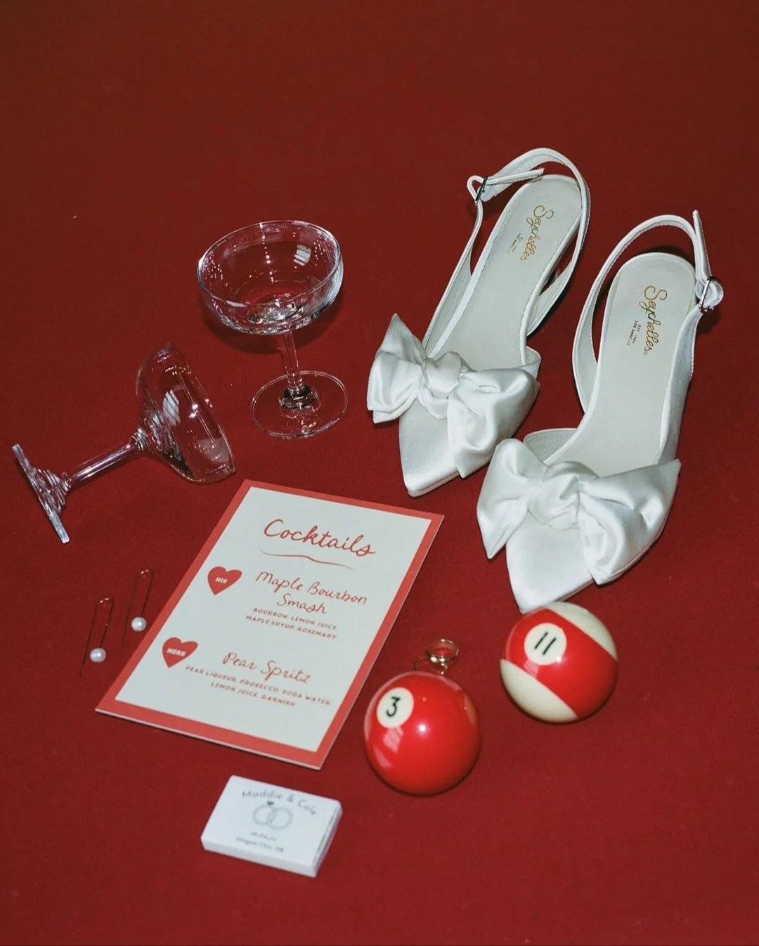 When I saw the red felt on the pool table and the hints of red in Maddie and Cole&rsquo;s wedding stationary, I knew they were going to be a match made in heaven *especially* on film. And since then, I&rsquo;ve heard cherry red is going to be a very 