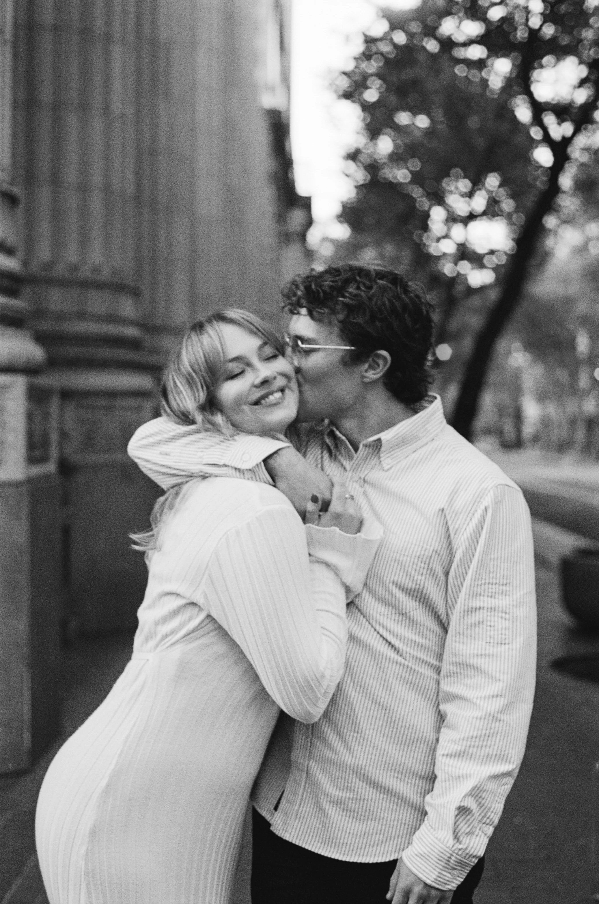 film-inspired engagement photos in downtown Portland with clean lines and soft light, natural movement and editorial feel 