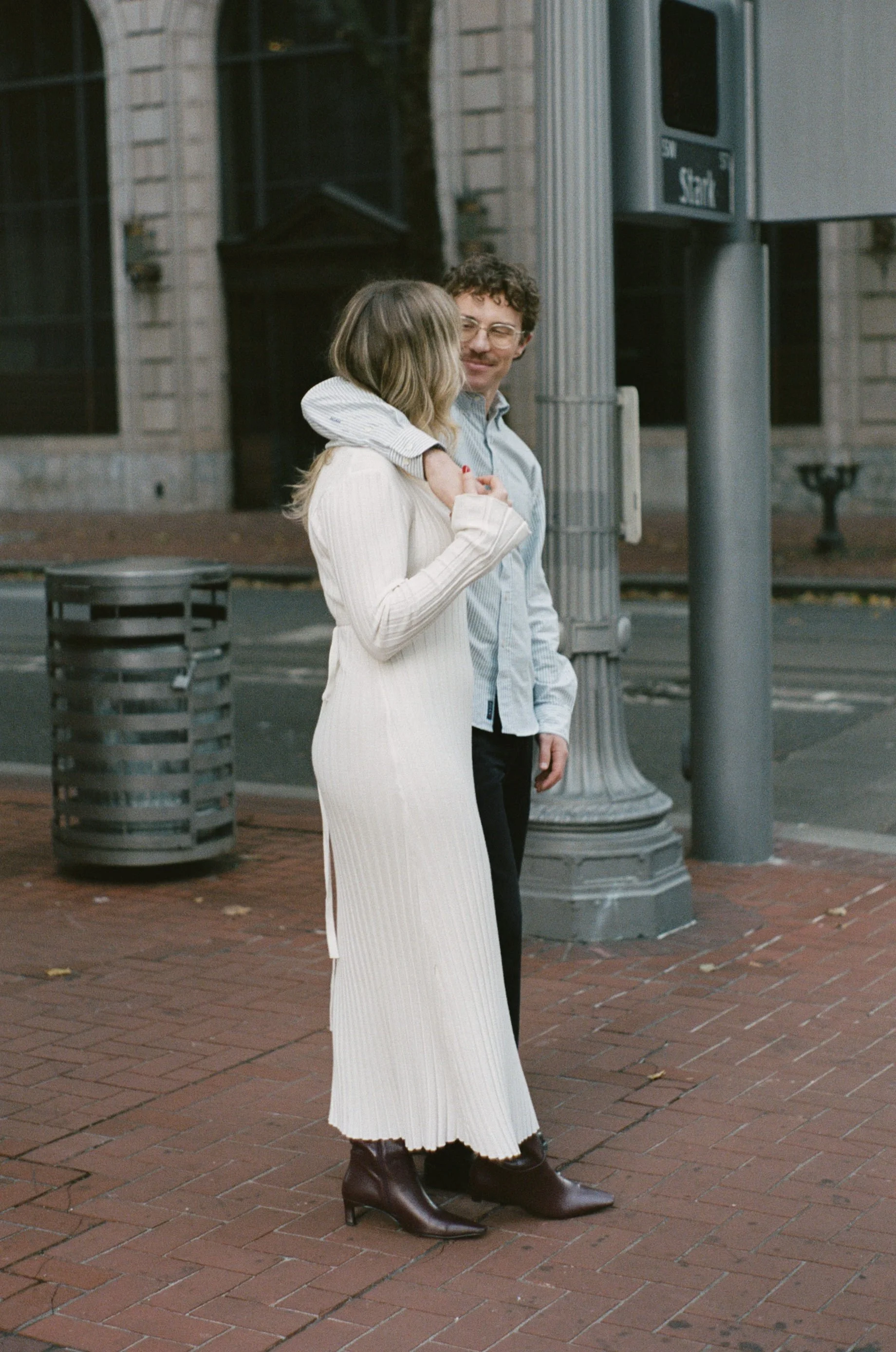  film-inspired engagement photos in downtown Portland with clean lines and soft light, natural movement and editorial feel 