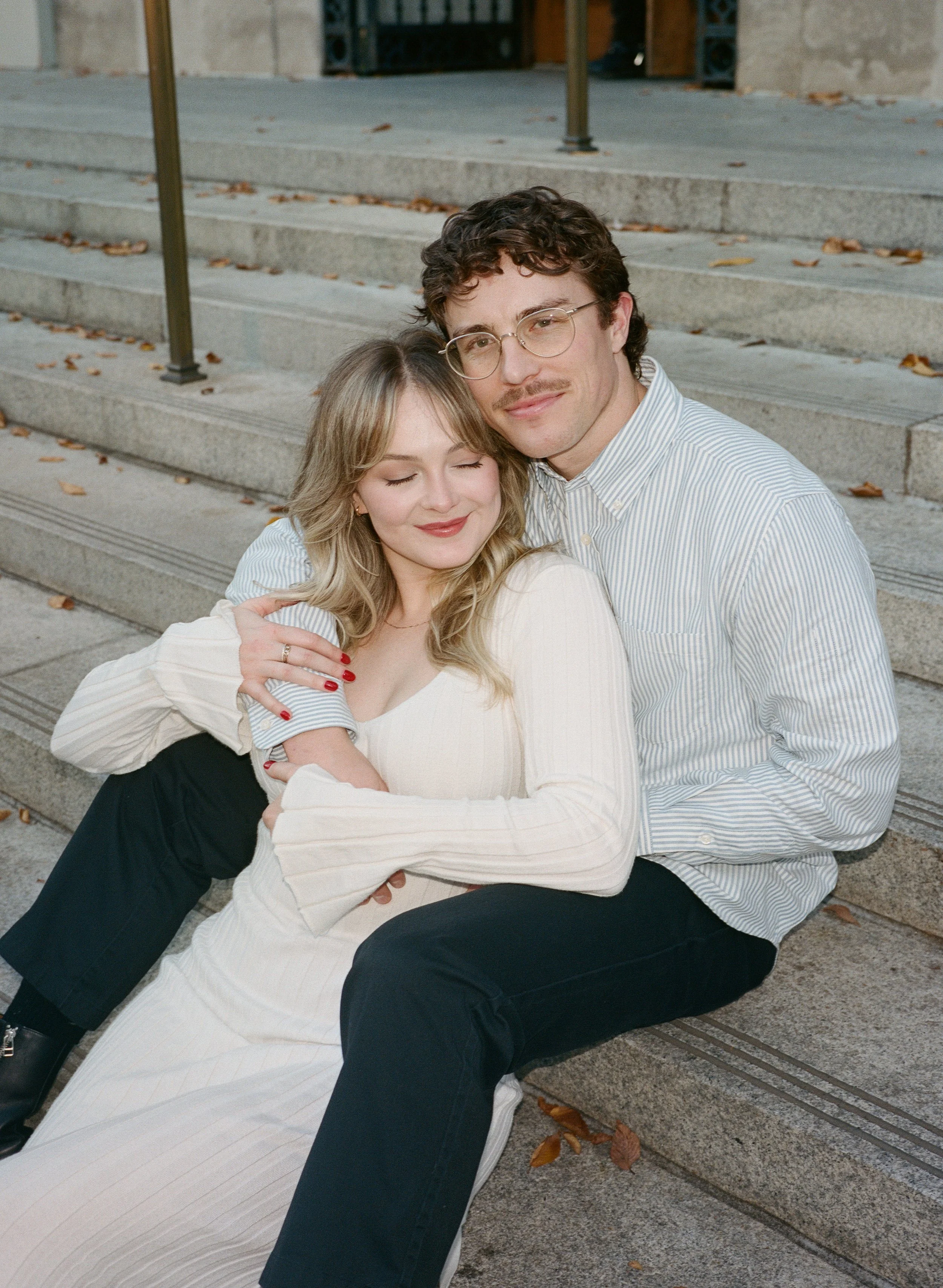  film-inspired engagement photos in downtown Portland with clean lines and soft light, natural movement and editorial feel 