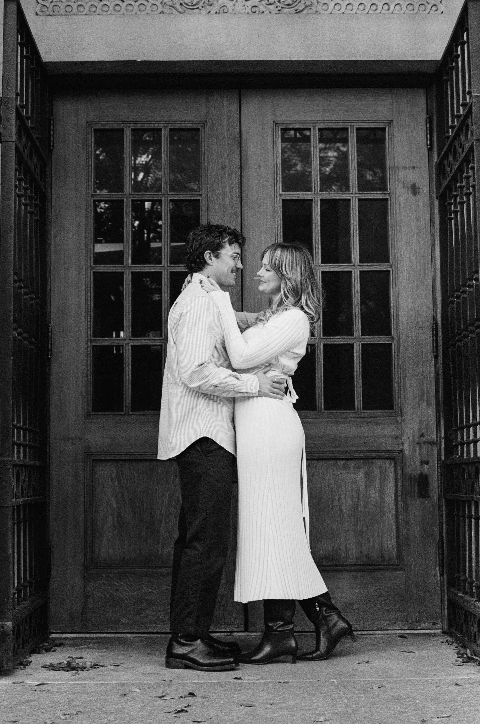  film-inspired engagement photos in downtown Portland with clean lines and soft light, natural movement and editorial feel 