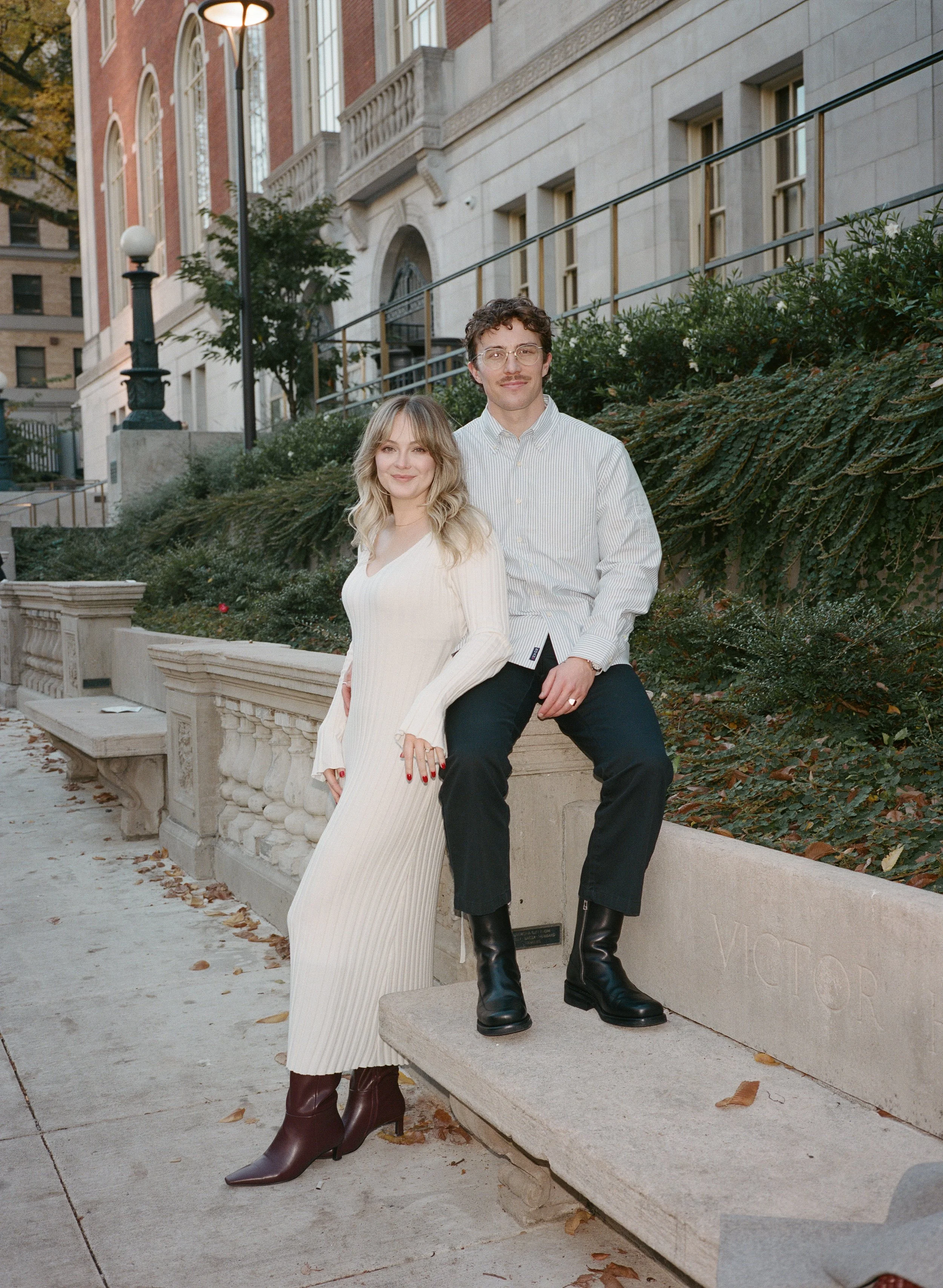  film-inspired engagement photos in downtown Portland with clean lines and soft light, natural movement and editorial feel 