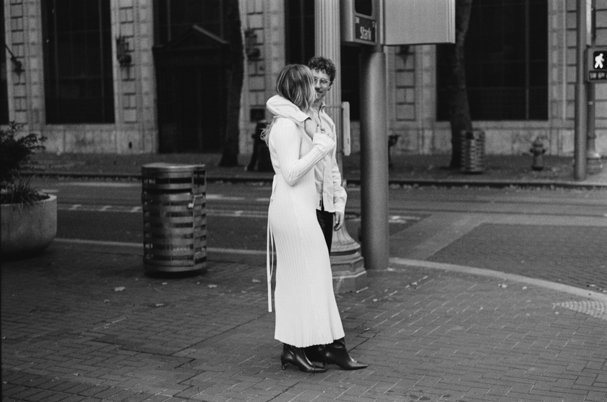  film-inspired engagement photos in downtown Portland with clean lines and soft light, natural movement and editorial feel 