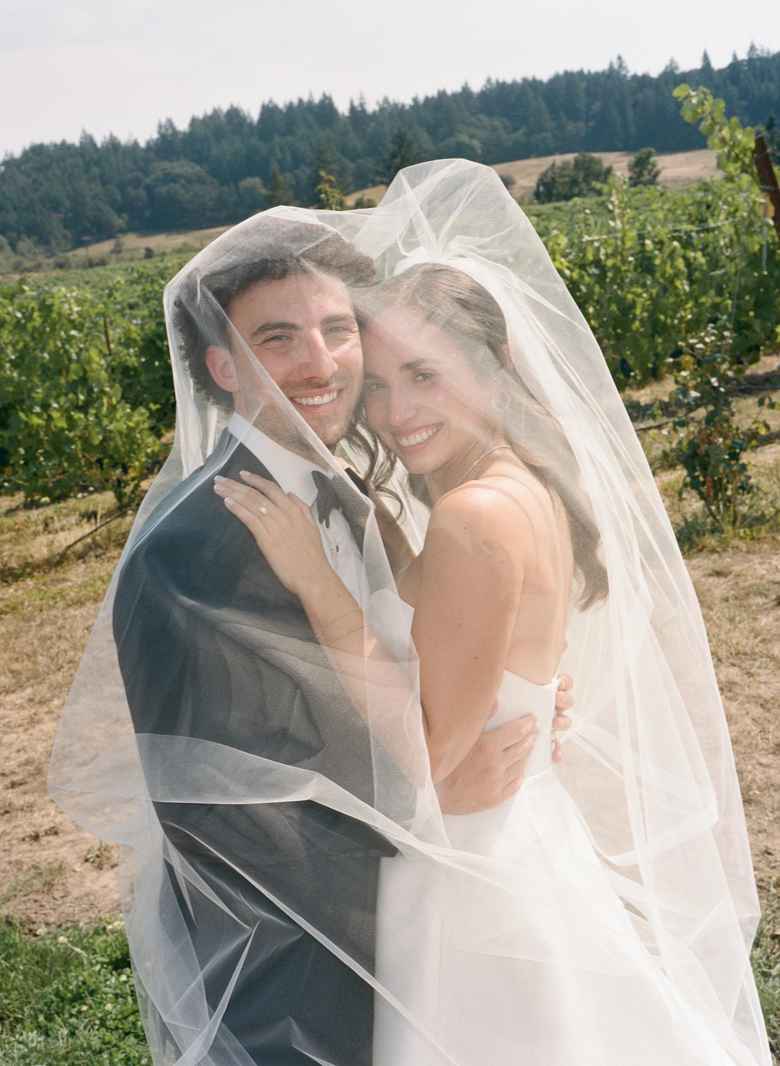  Film-inspired portrait of couple with editorial composition and warm summer tones 