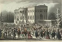 Period illustration showing the view of thr crowd in front of the White House during President Jackson's first inaugural reception in 1829. The furnishings of the White House were destroyed by the rowdy crowd during the inaugural festivities...