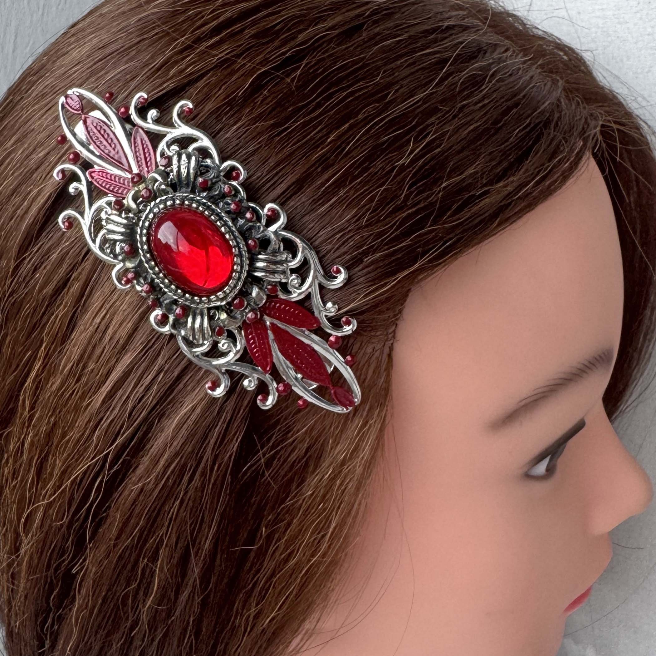 1950s vintage red silver jewelled hair barrette, vintage hair accessories