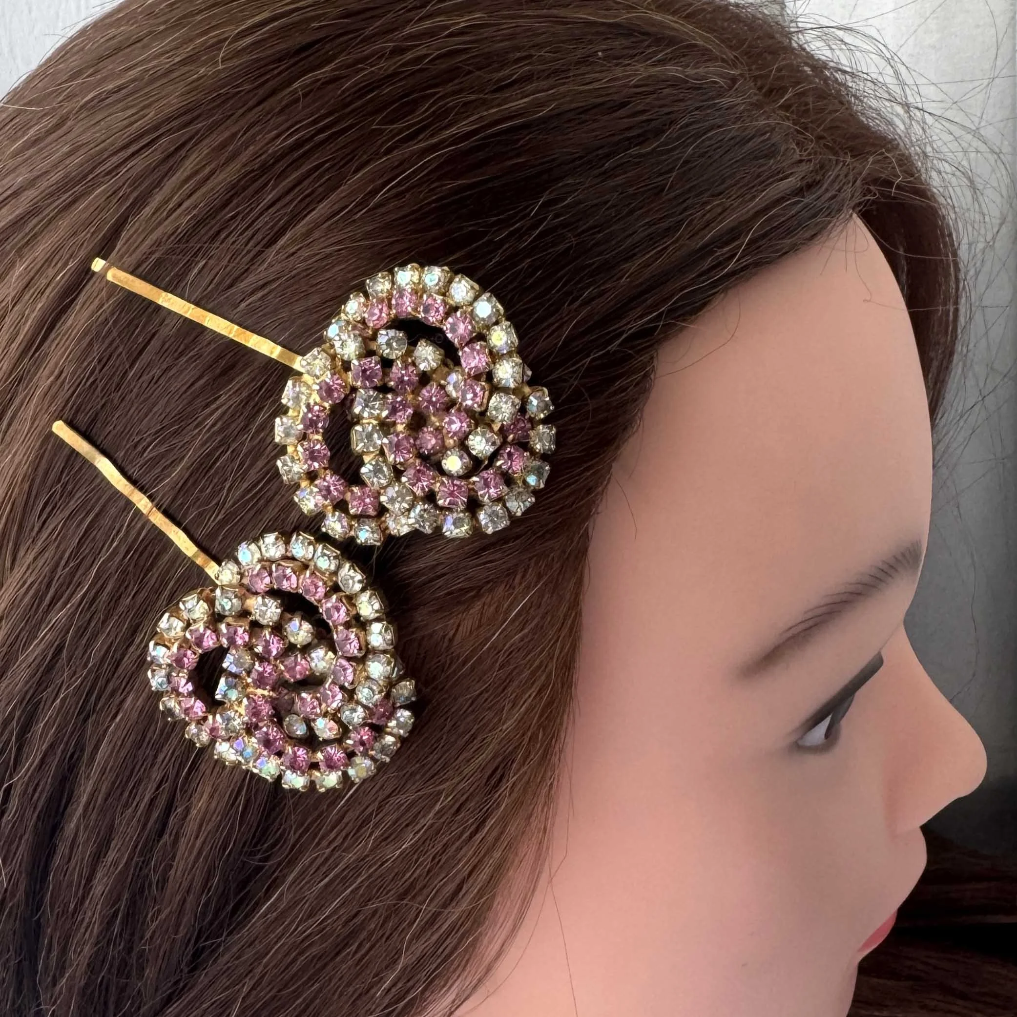 1950s Vintage Pink Jewelled Hair Clips - vintage hair accessories
