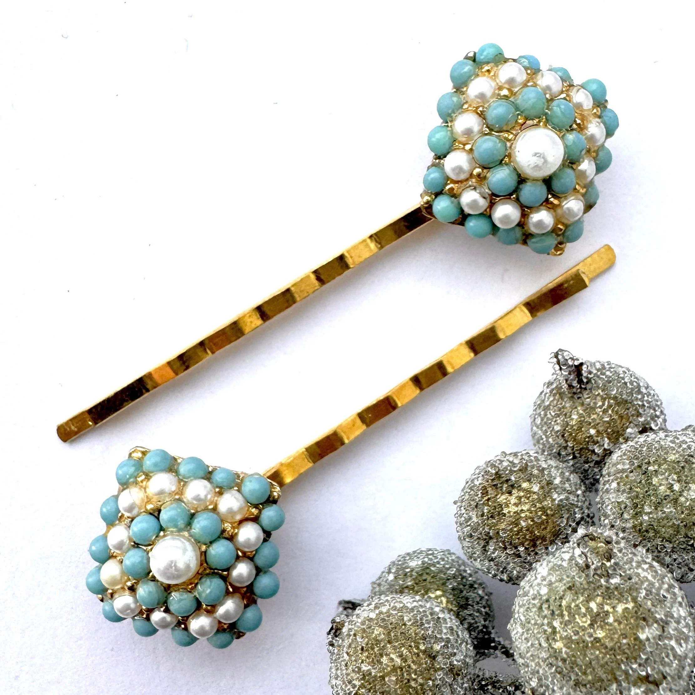 gold turquoise and pearl vintage hair barrettes, vintage hair accessories