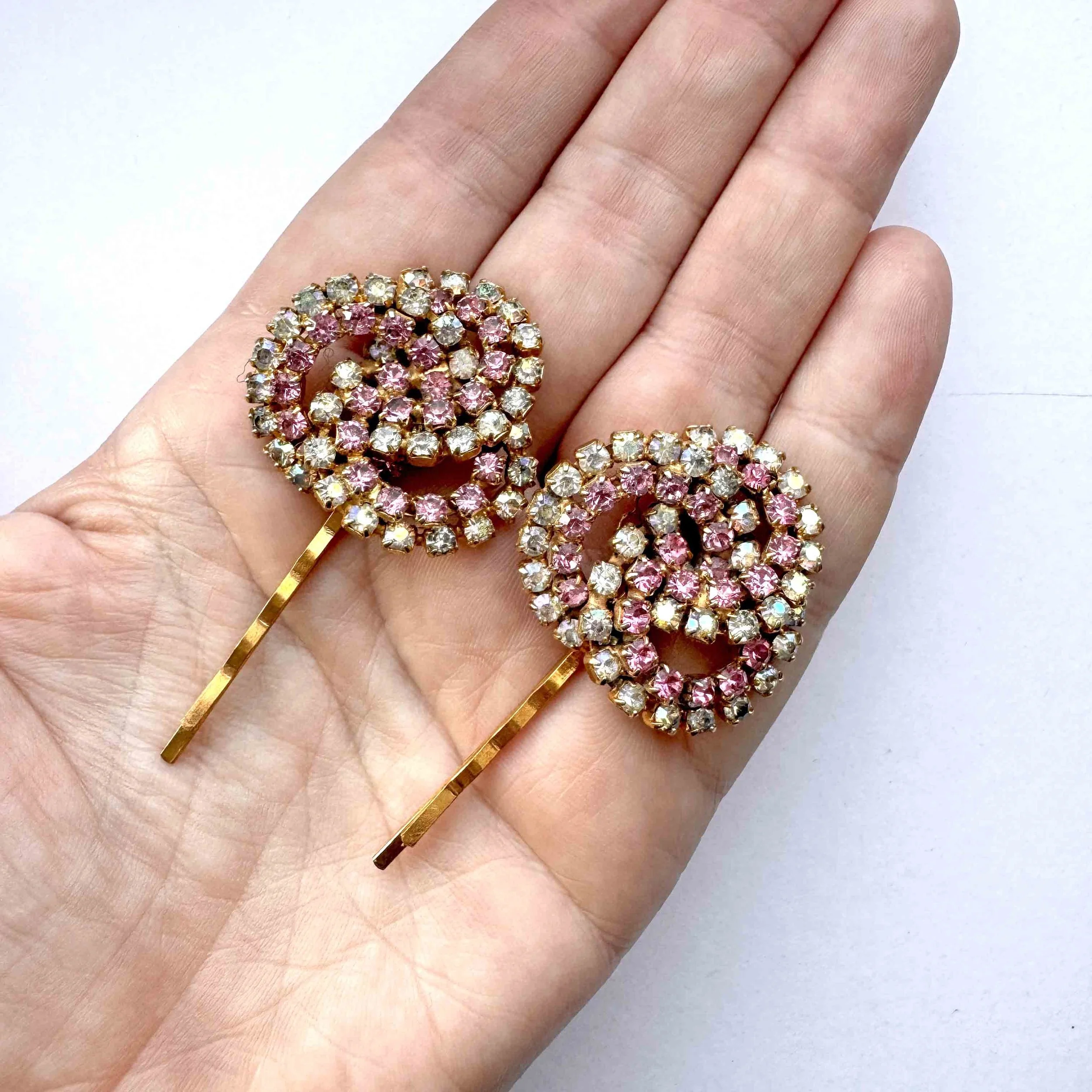 1950s Vintage Pink Jewelled Hair Barrettes - vintage hair accessories