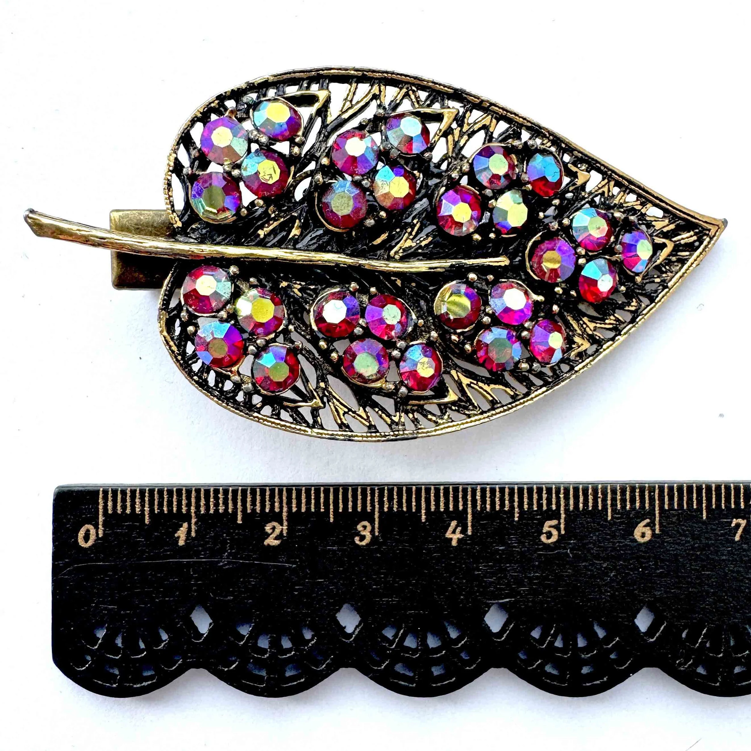 1950s antique aurora red rhinestone hair clip, vintage hair accessories