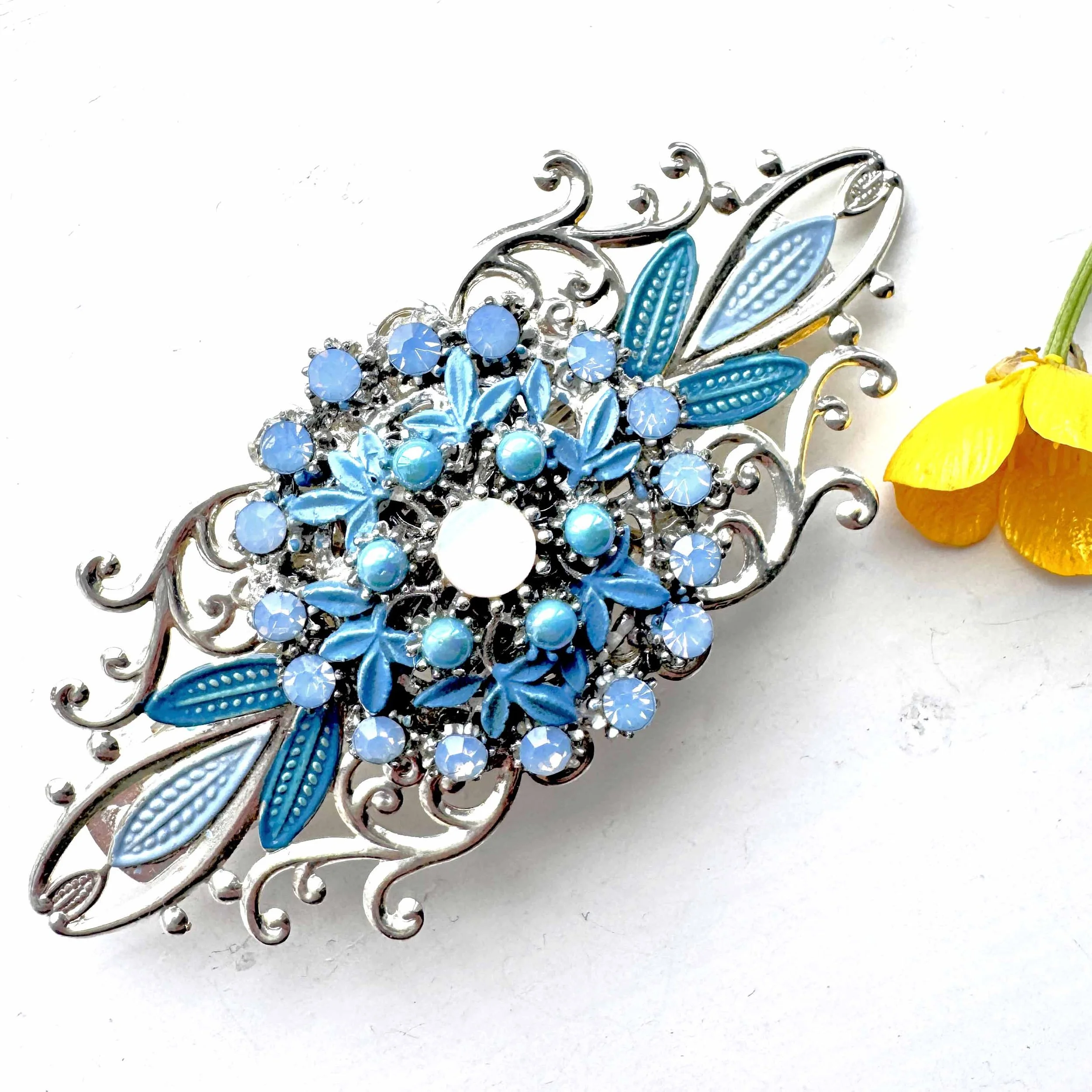 1940s vintage blue jewelled hair barrette, vintage hair accessories