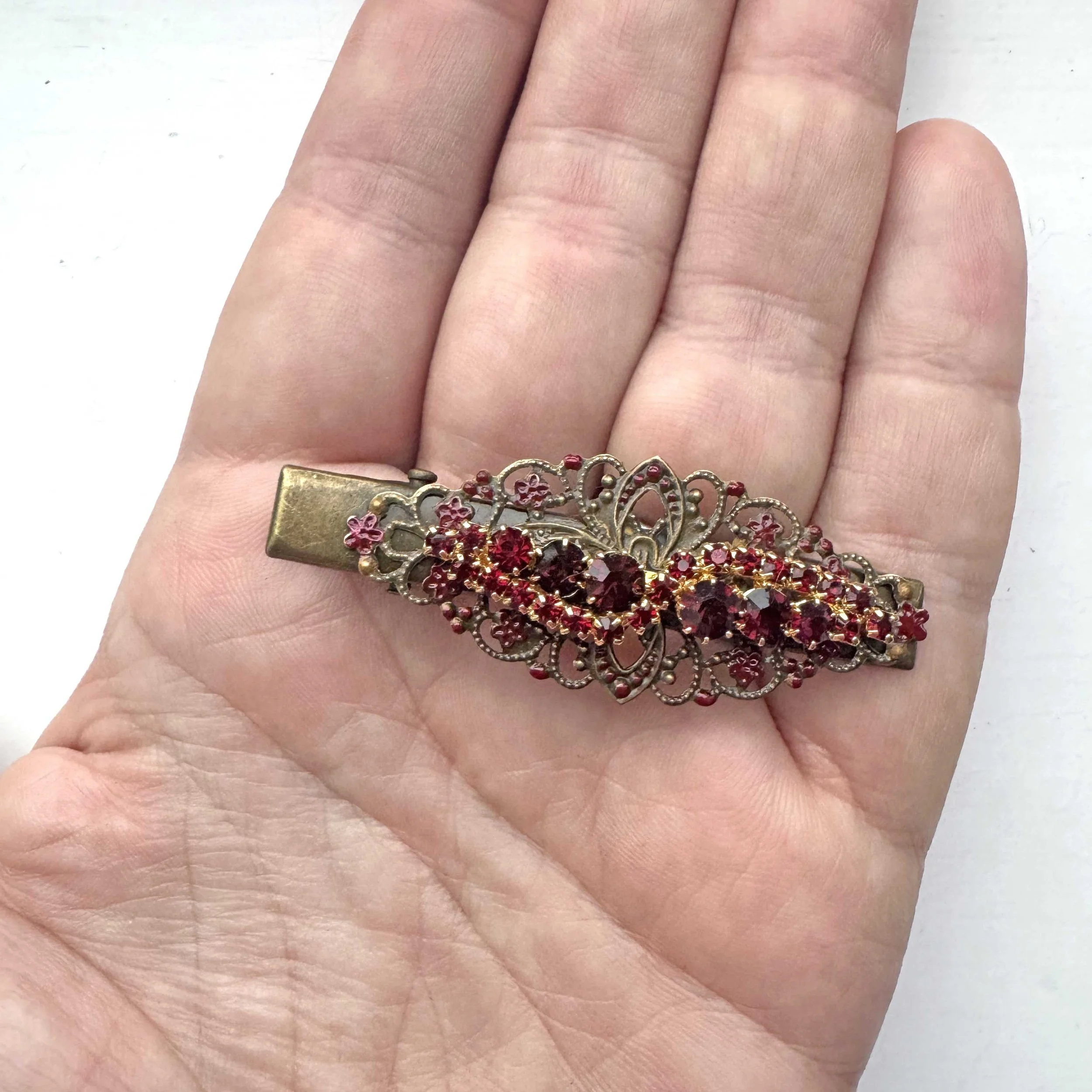 1950s vintage garnet red rhinestone hair slide - antique hair jewellery
