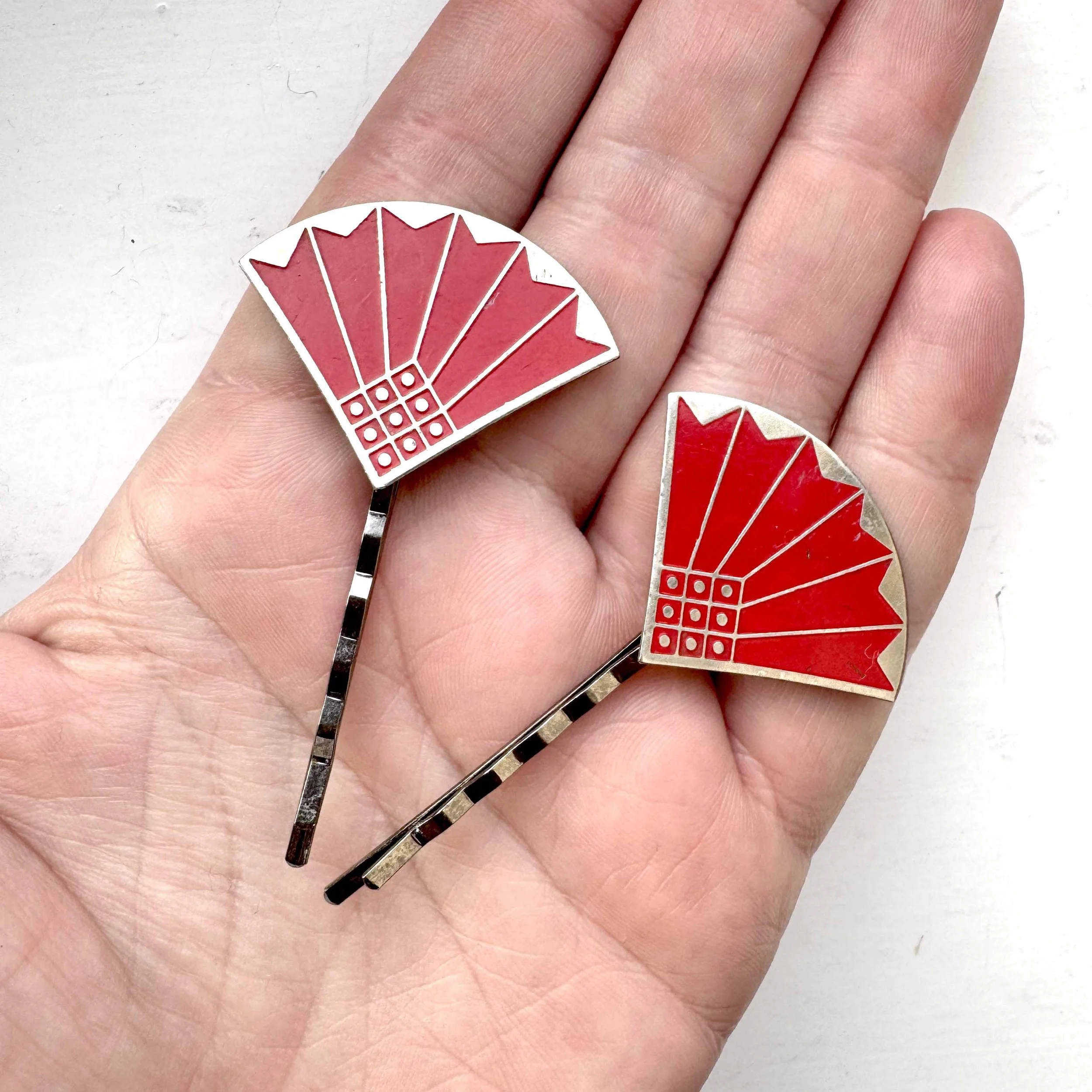 vintage red art deco hair slides, vintage hair slides, vintage hair accessories