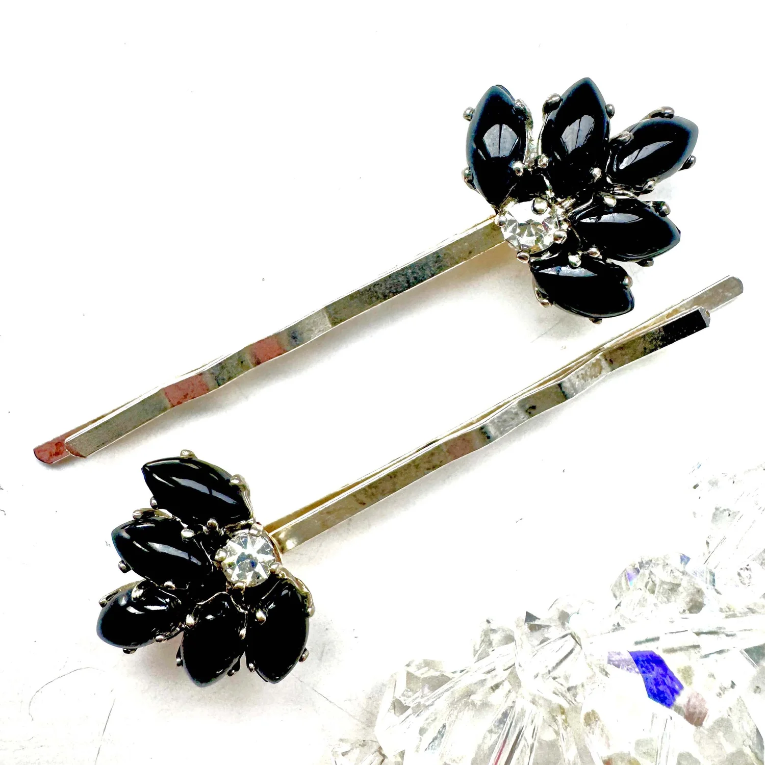Vintage 50’s Elegant Black Hair Sticks with Rhinestone Accents Vintage Elven Hair Barrette for Thick Hair: Black Diamond  main image 2