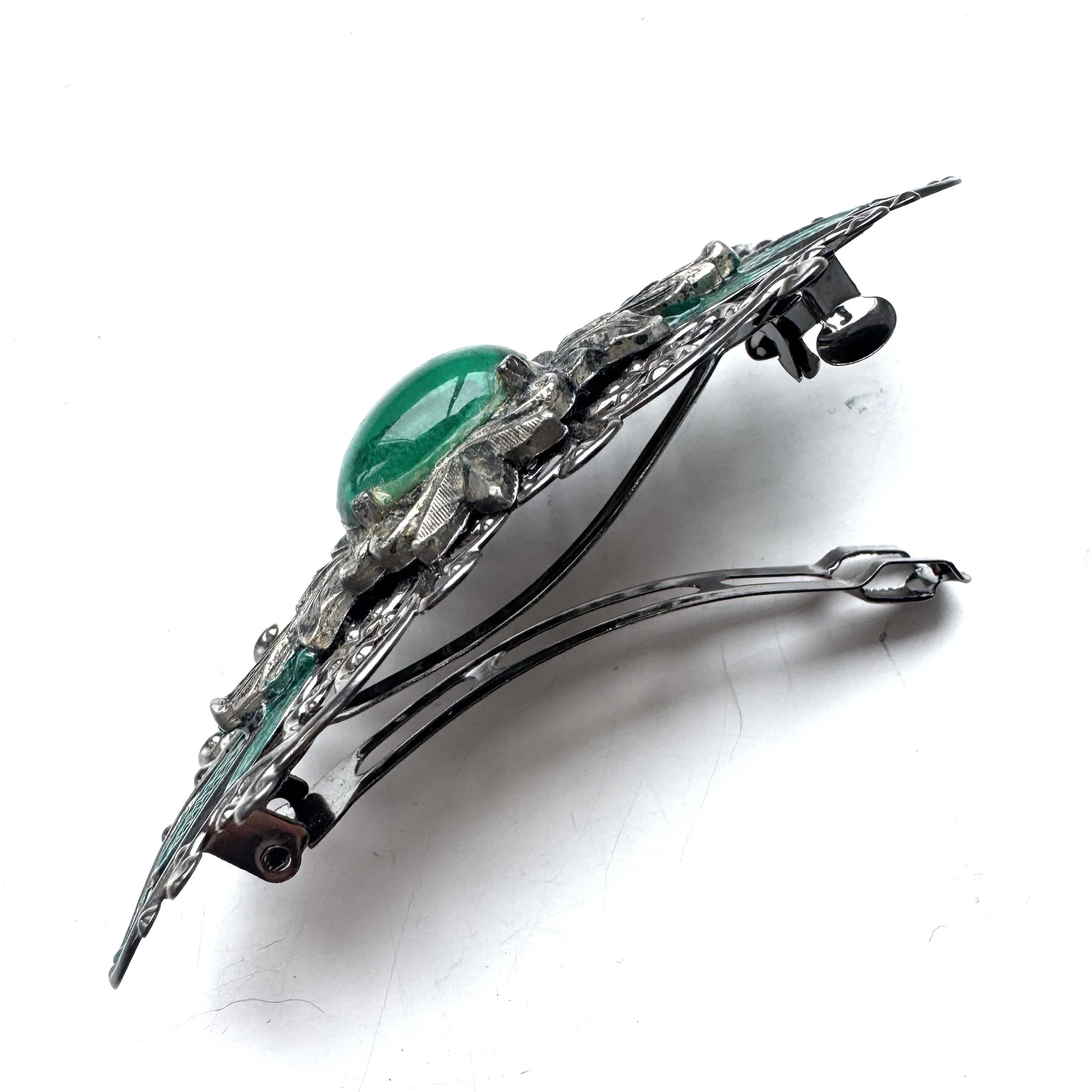 vintage silver emerald green hair clip, vintage hair accessories