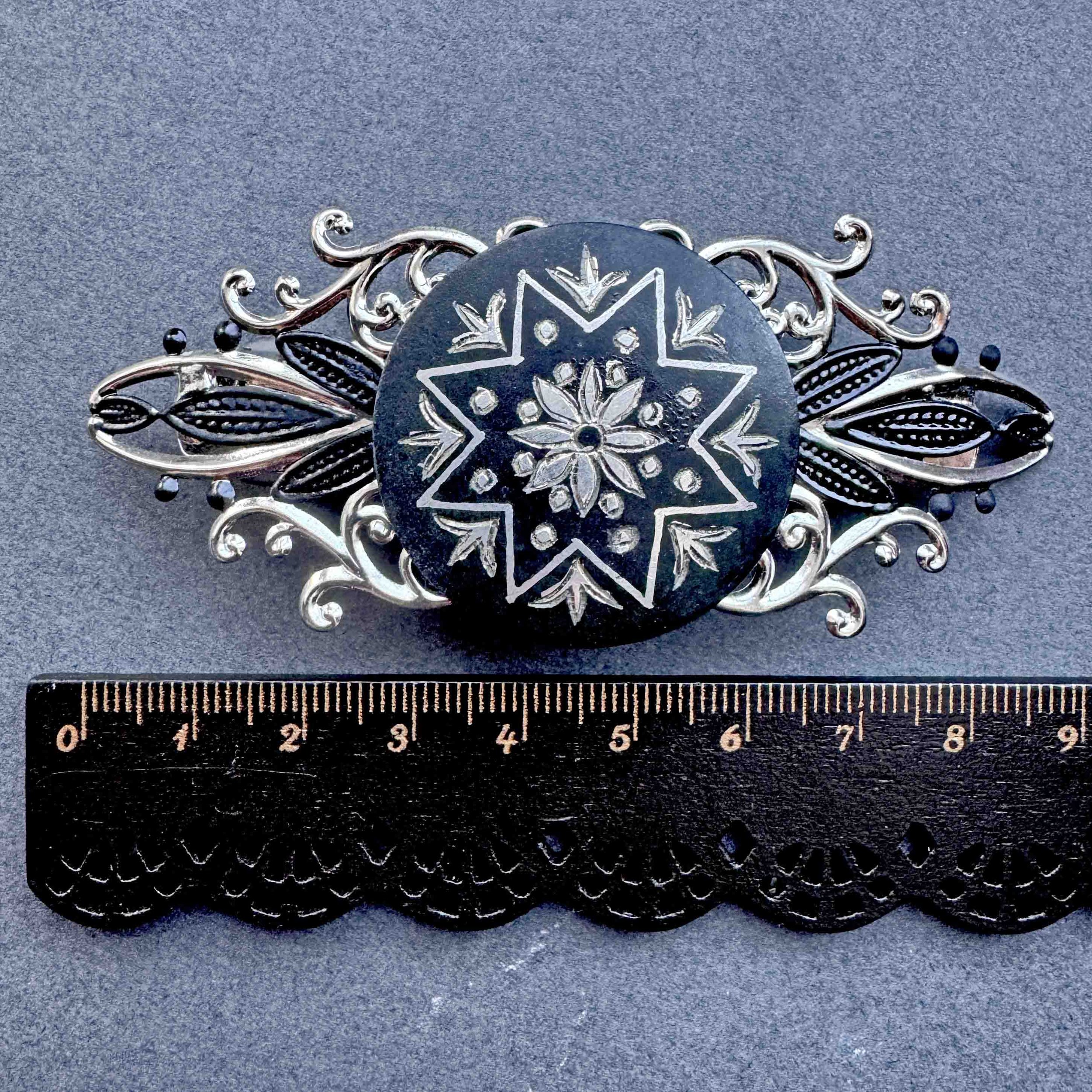 antique black silver hair clip, vintage hair accessories
