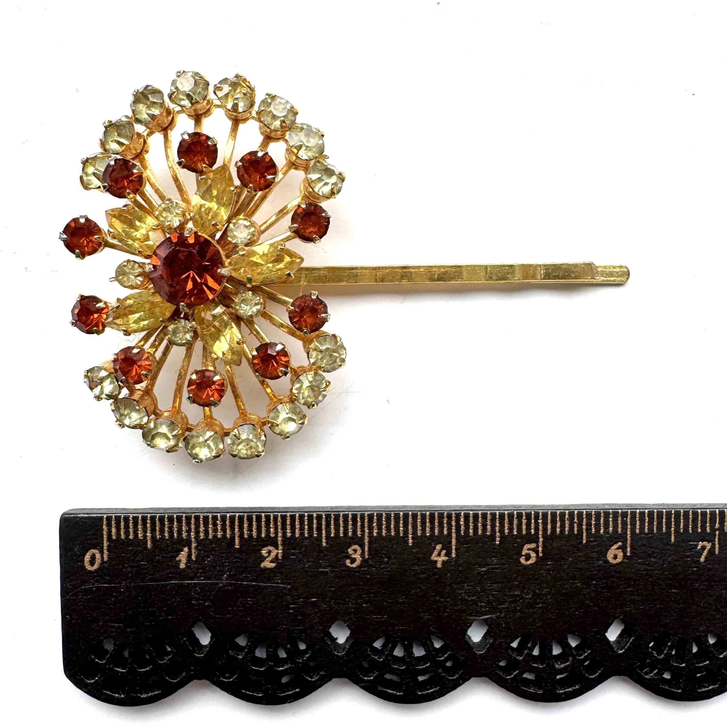 vintage orange yellow jewelled bobby pin, vintage hair accessories