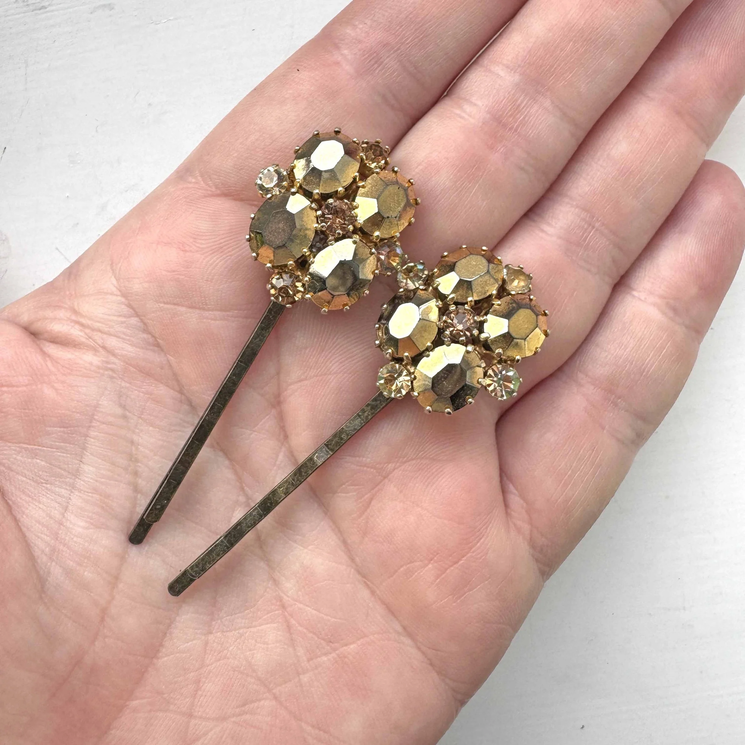 vintage gold jewelled hair slides, vintage hair accessories