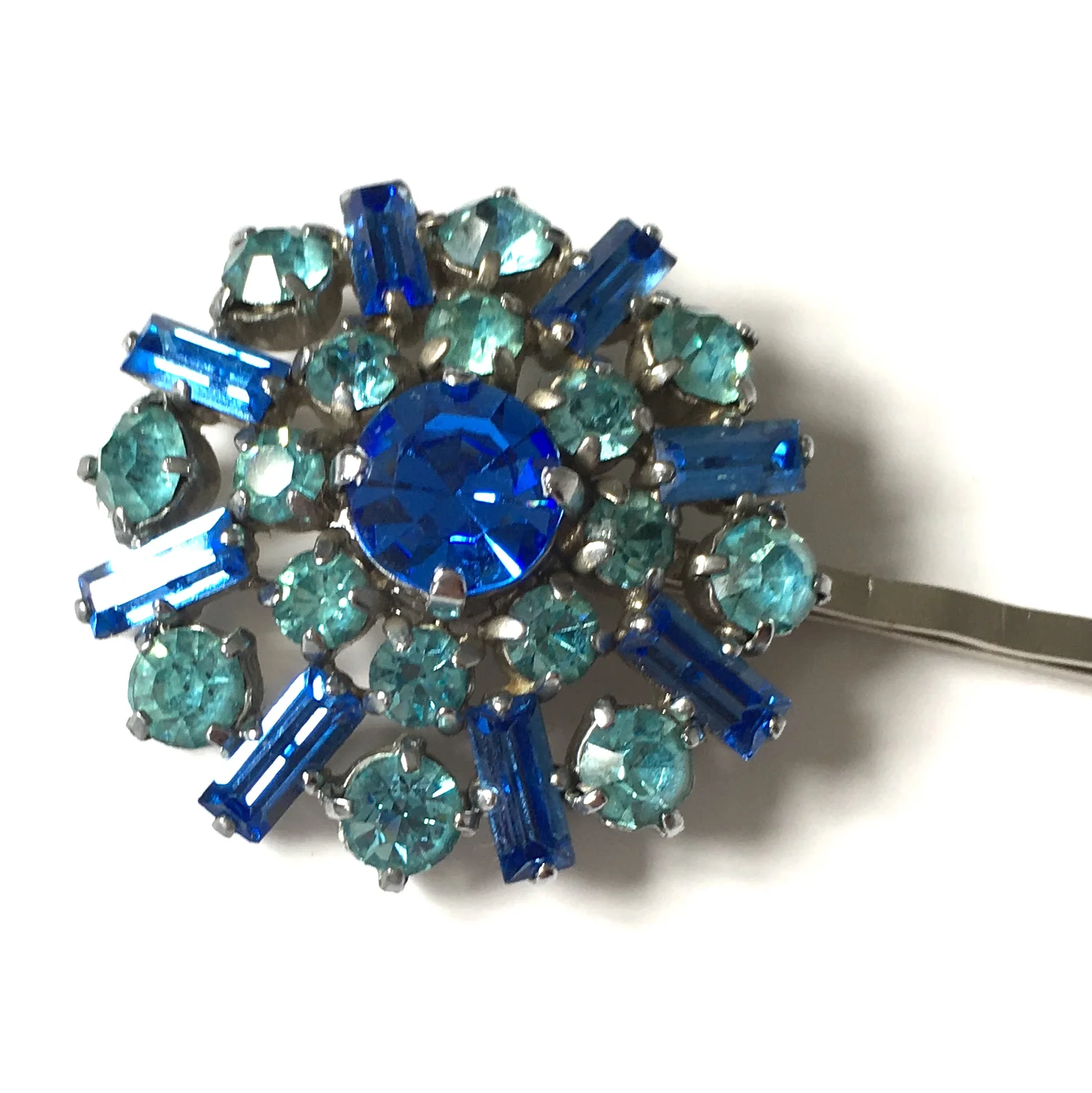 Vintage Adornments Single Royal and Turquoise Blue Diamanté Hair Pin VA198