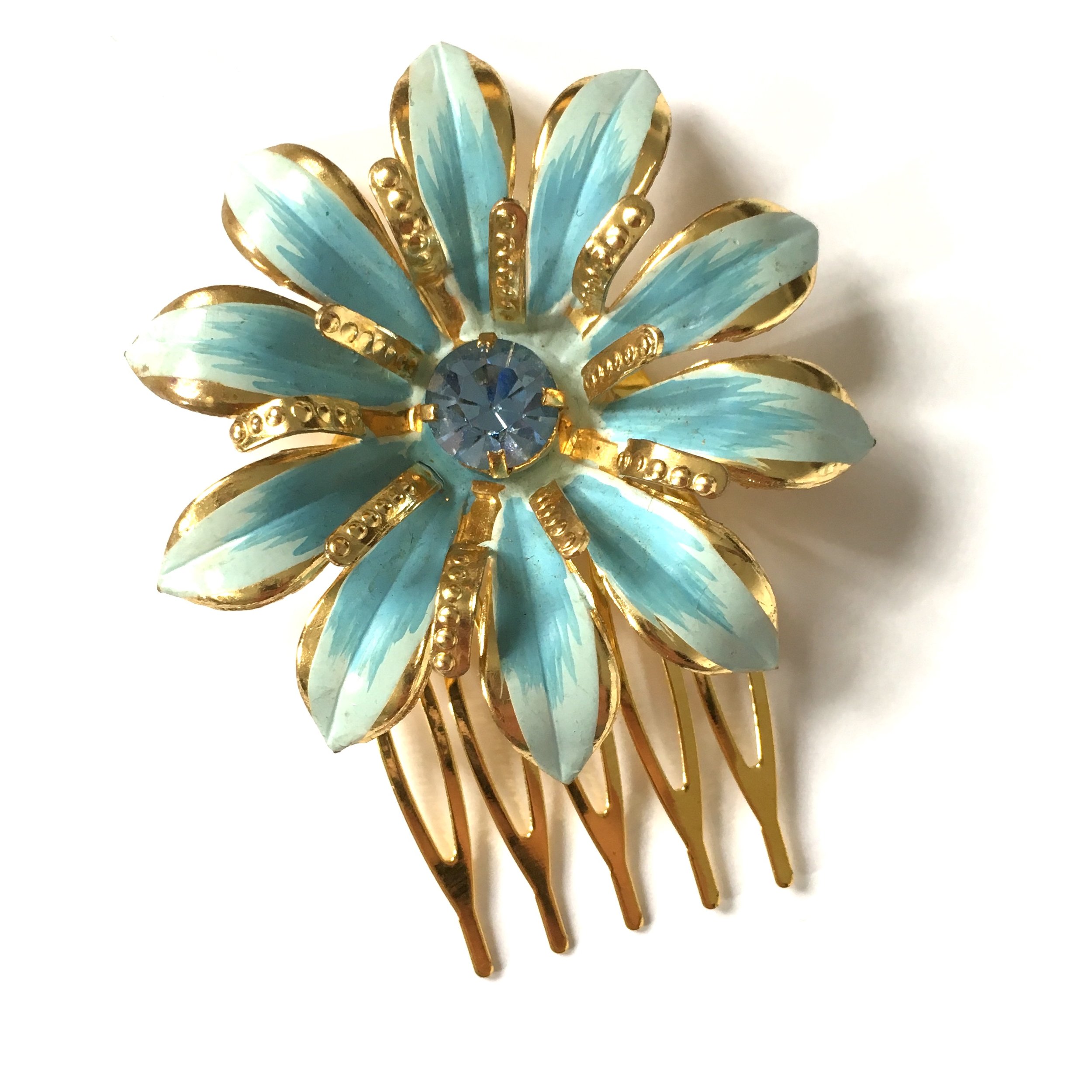 Vintage Adornments Gold, Turquoise Enamel Diamanté Flower Comb VA236