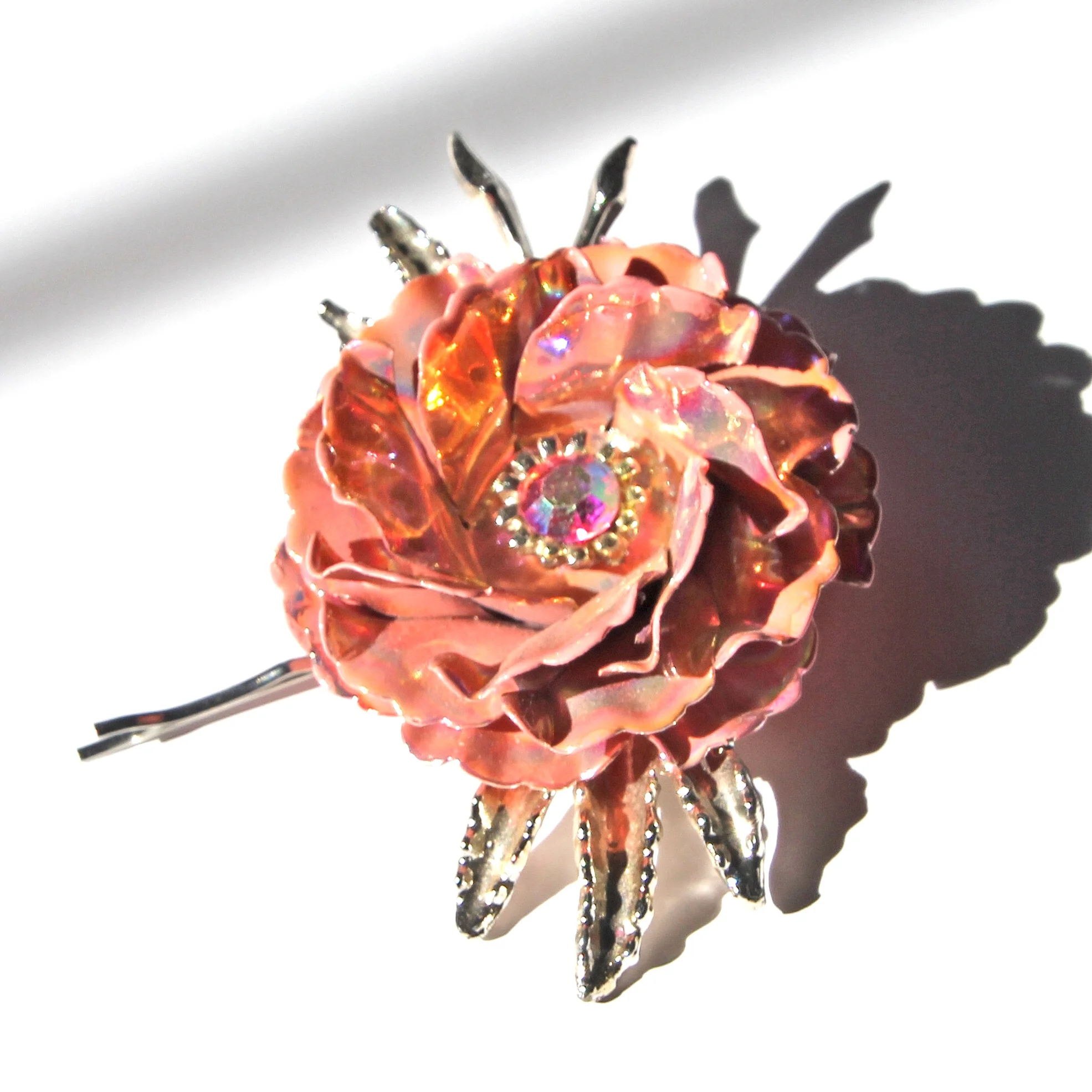 Single Coral Coloured Giant Rose Hair Pin VA060 - vintage adornments