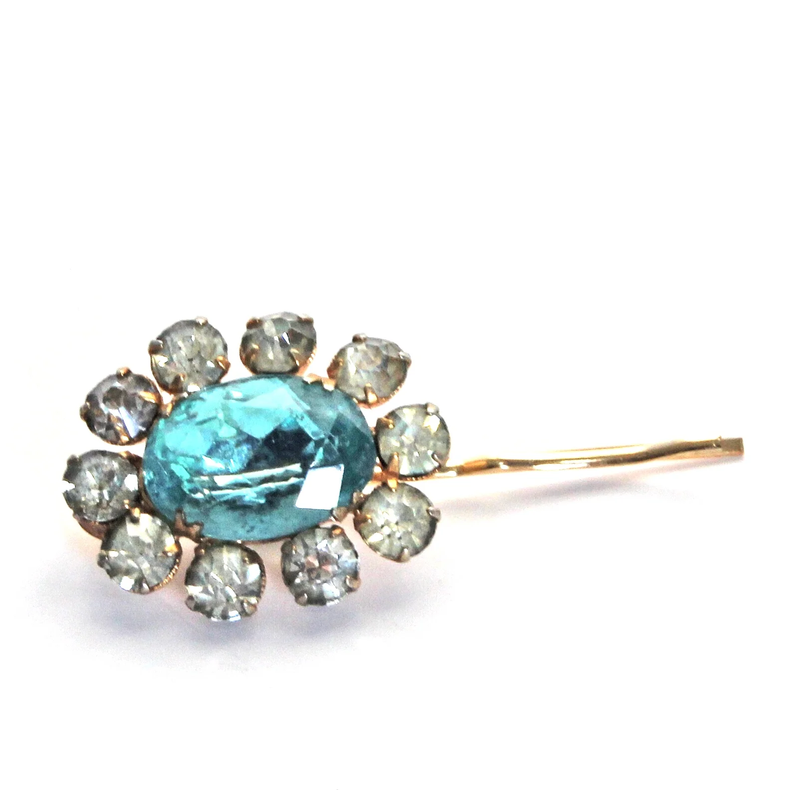 Single Aquamarine Diamanté Hair Pin VA069 - vintage adornments