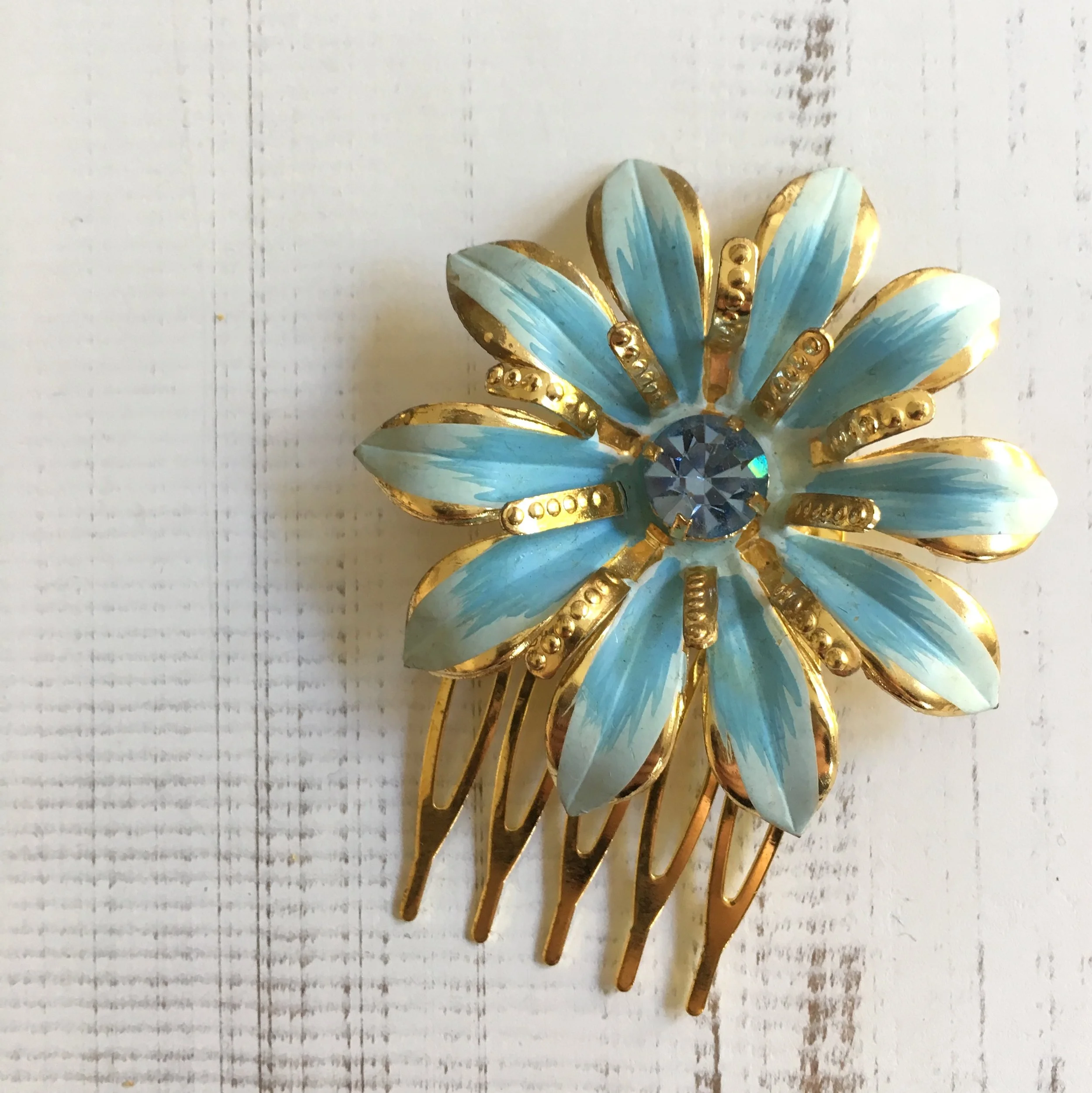 Vintage Adornments Gold, Turquoise Enamel Diamanté Flower Comb VA236