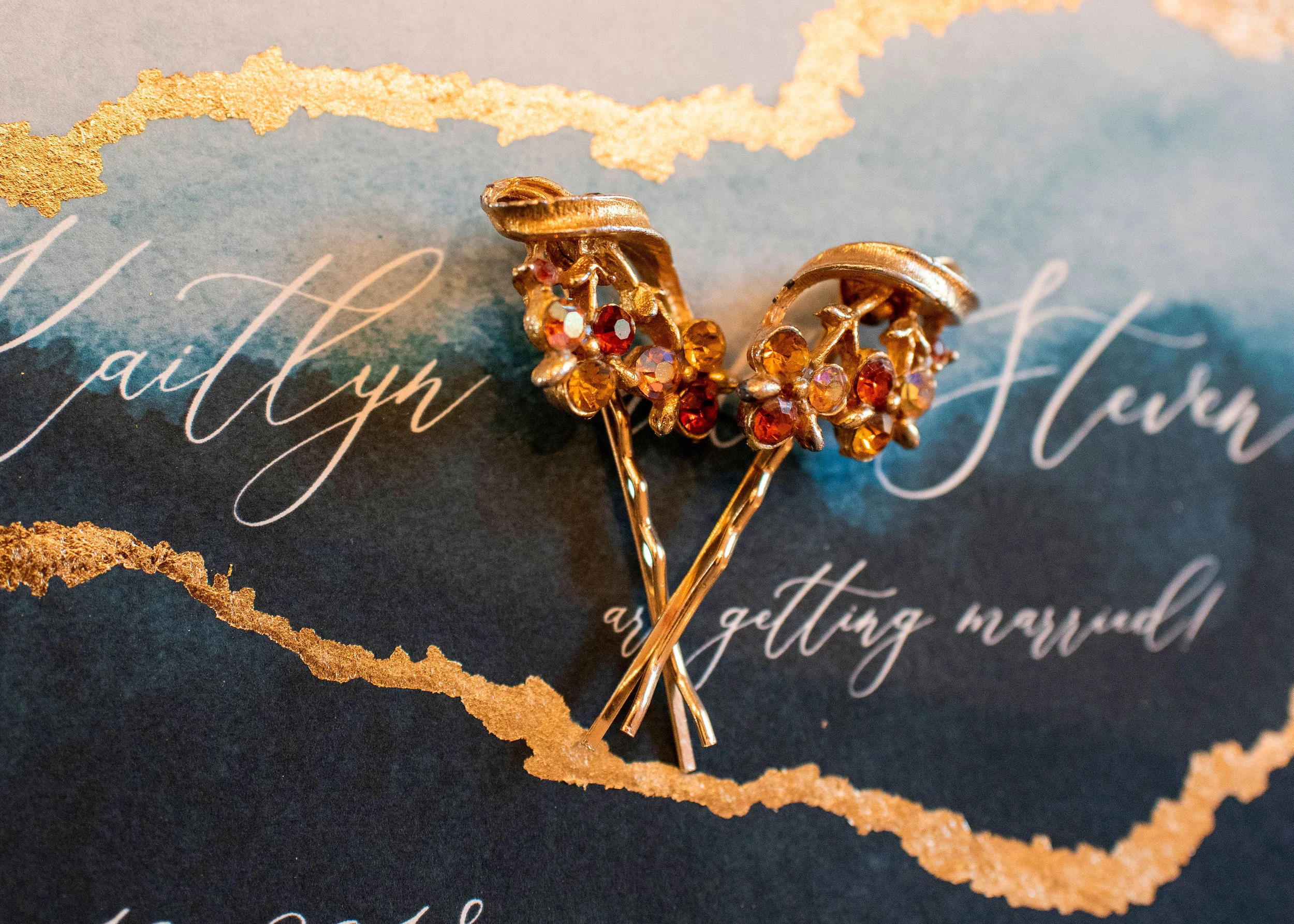 Vintage Adornments Pair Gold Topaz Aurora Floral Hair Pins Wedding Hair Accessories VA177