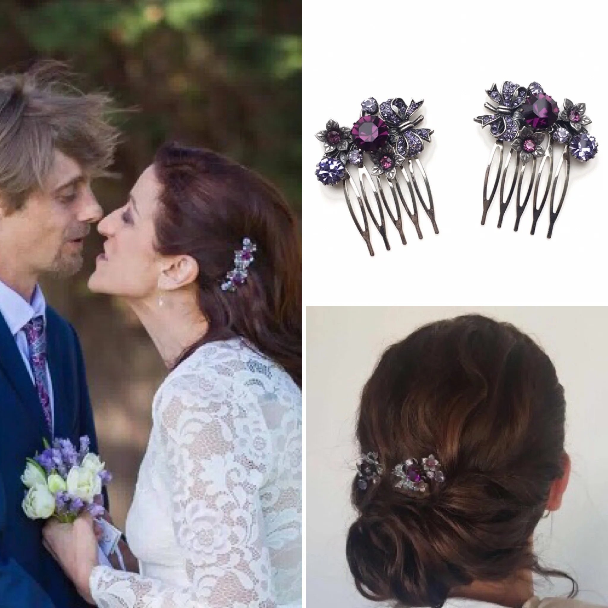 Pair Vintage Purple Diamante Combs