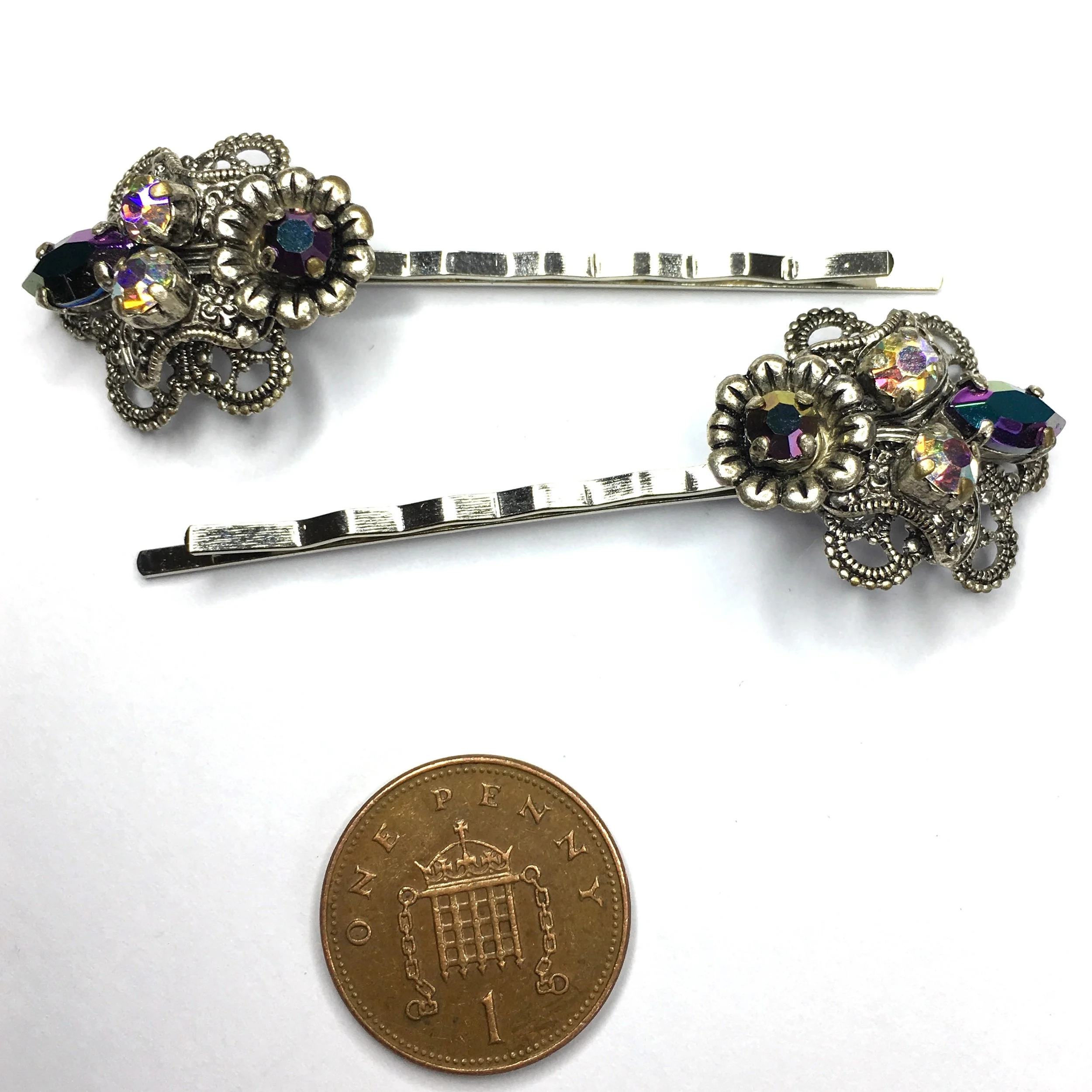 Vintage Adornments Pair Iridescent Petrol Diamantè Gothic Filigree Hair Pins VA288
