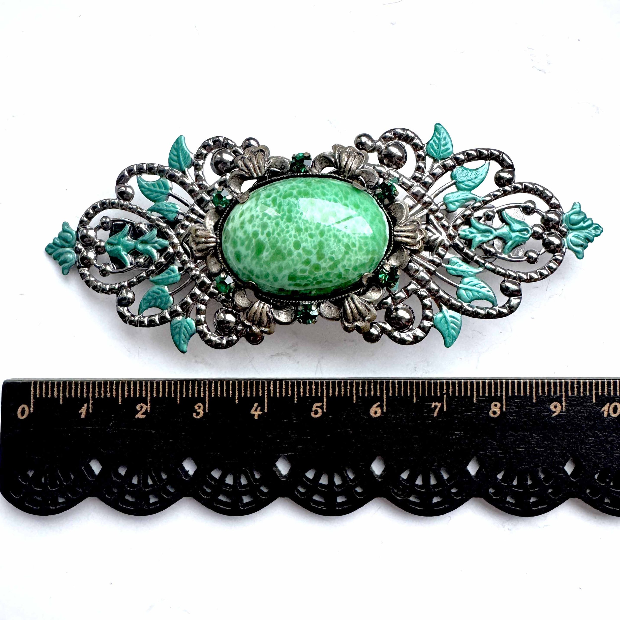 1930s antique green jewelled hair barrette, vintage hair accessories