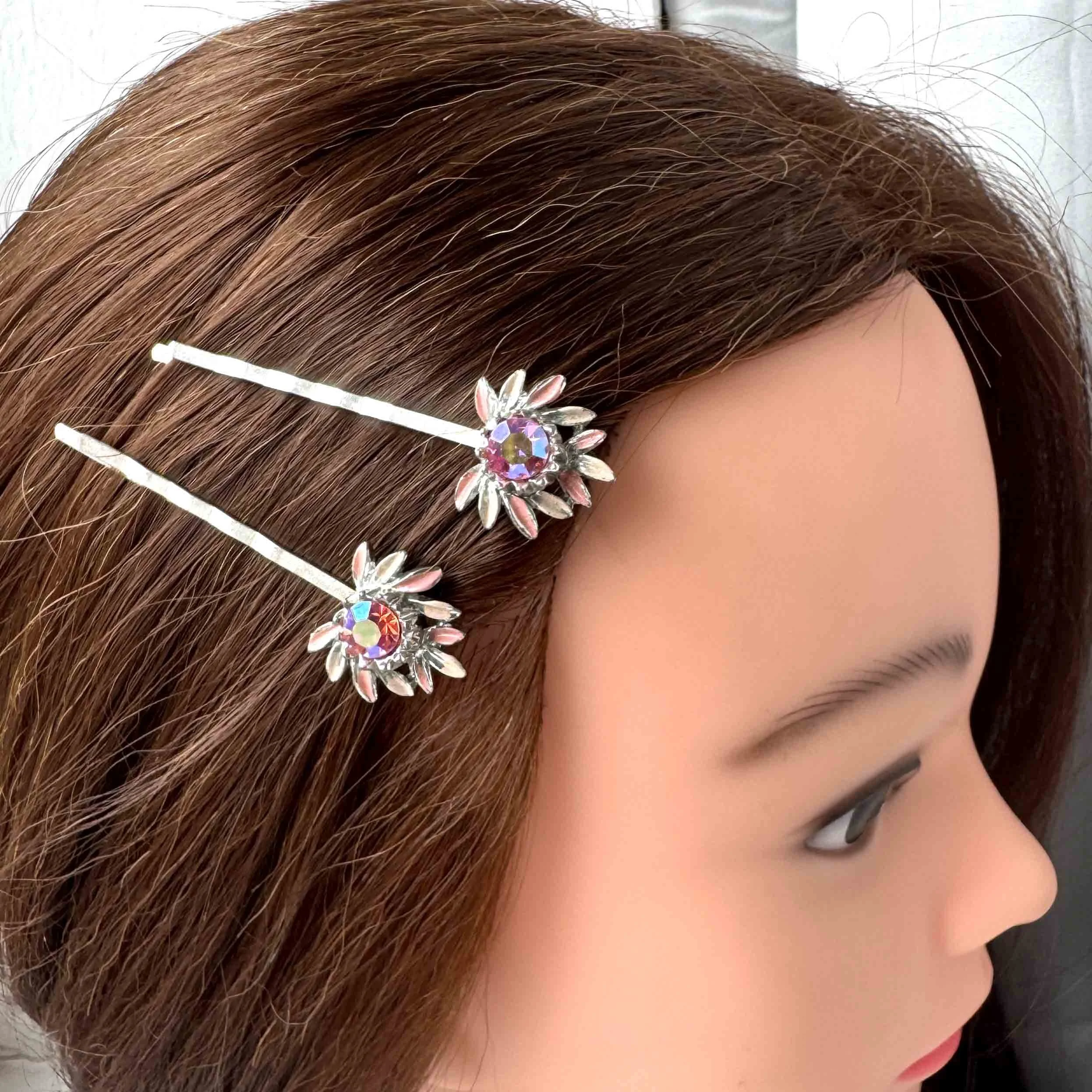 vintage aurora pink flower hair clips, vintage hair accessories
