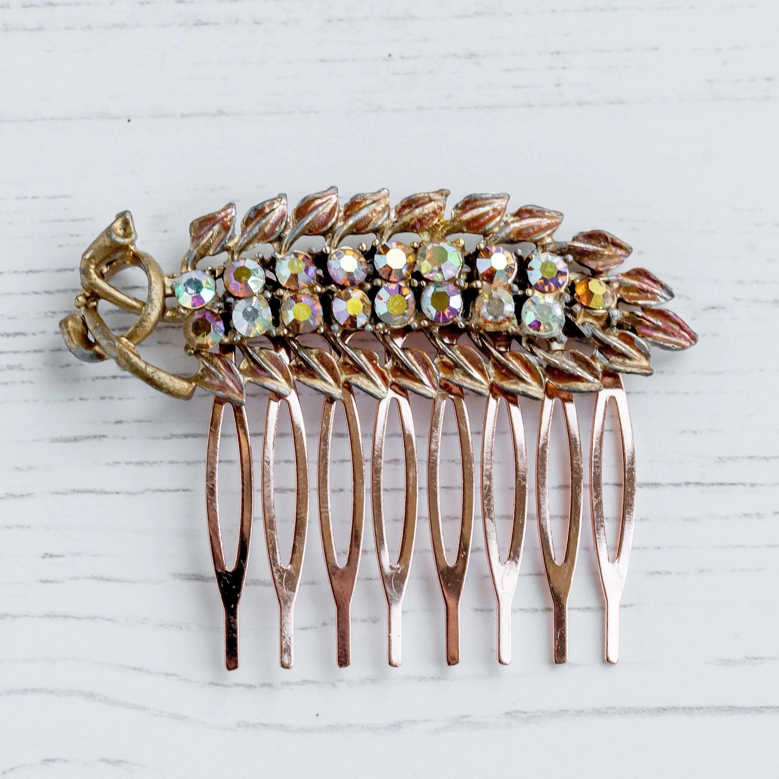 Vintage Rose Gold Pink Aurora Diamanté Comb VA419