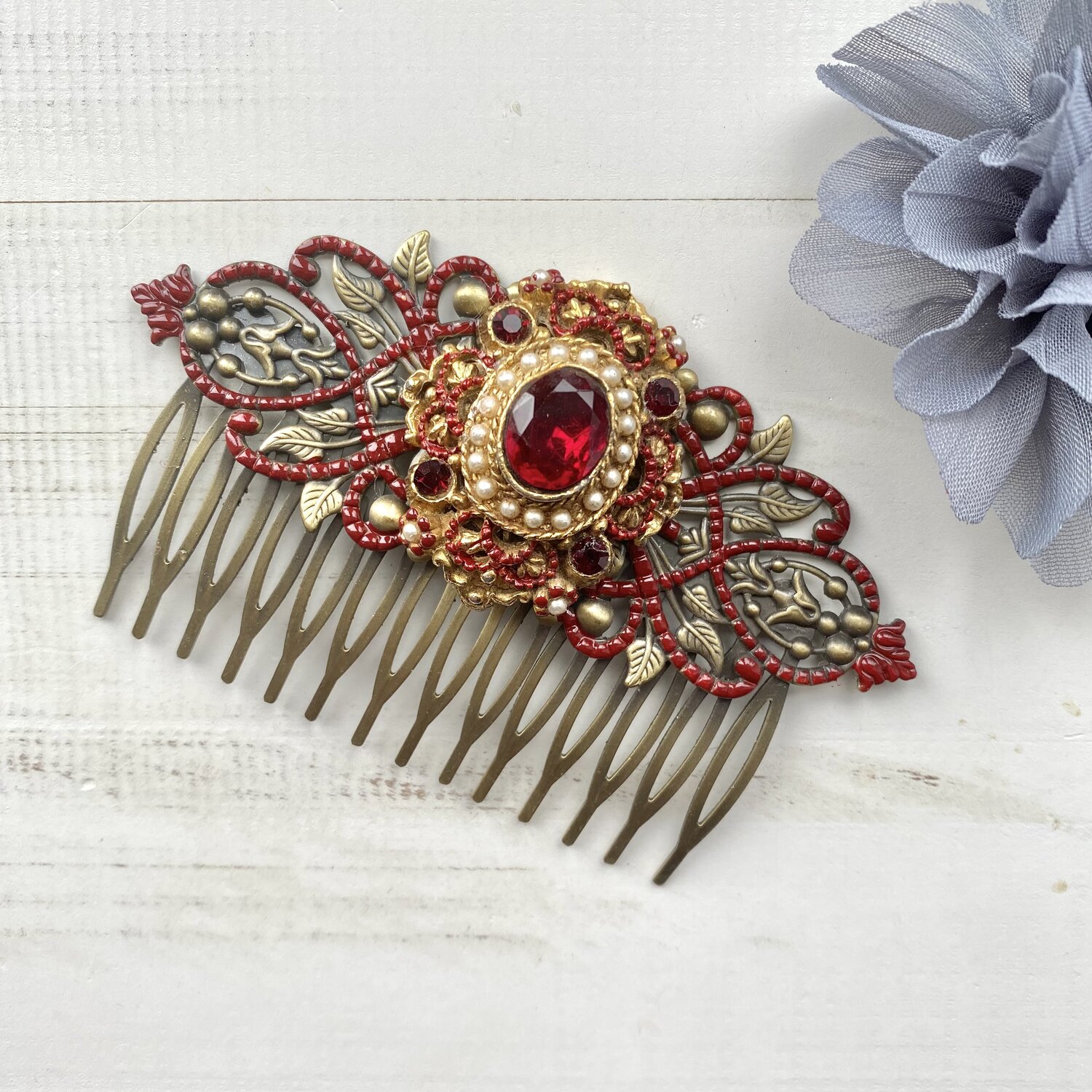 Extra Large Vintage Victorian Red Rhinestone, Pearl and Gold Hair Comb —  Vintage Hair Accessories by Vintage Adornments