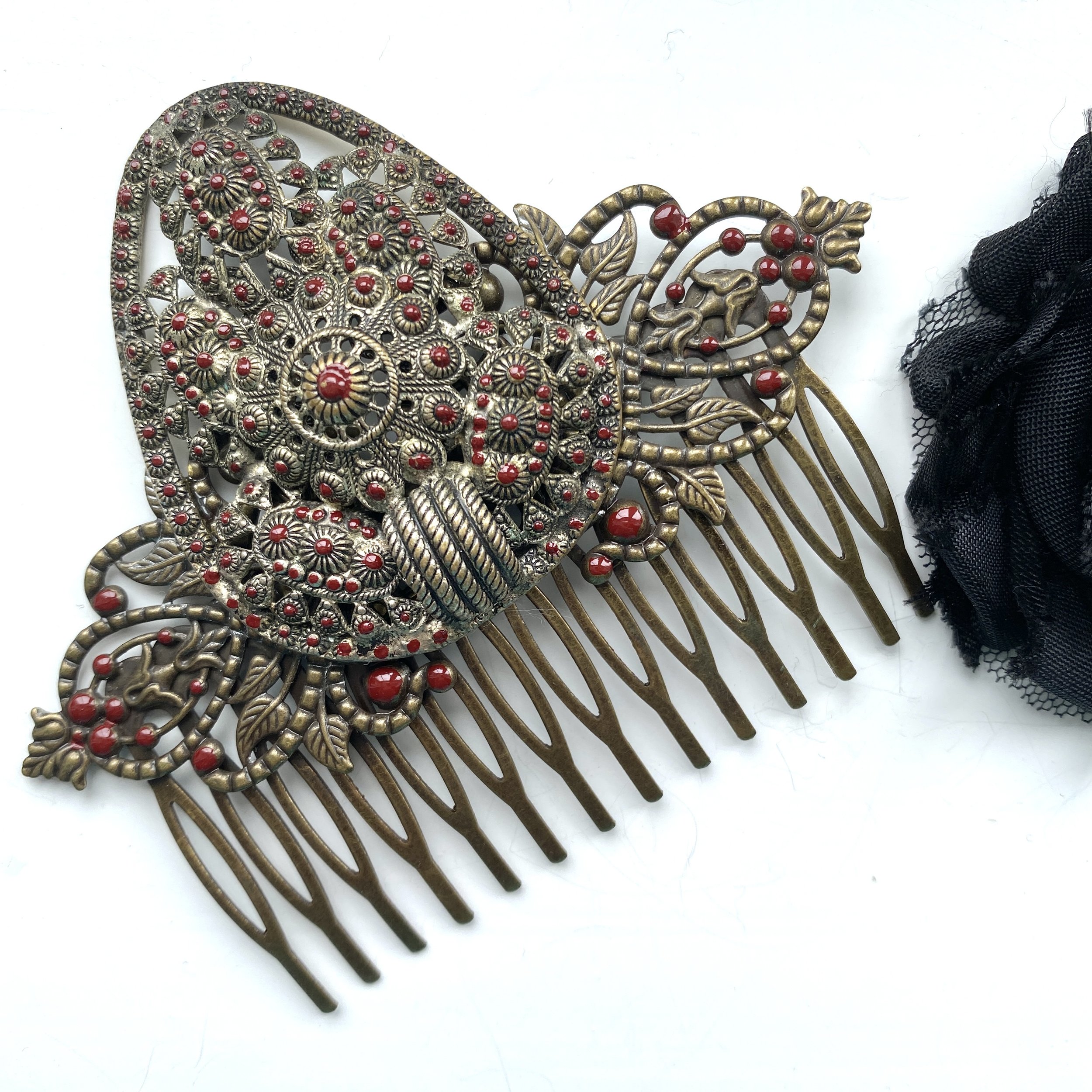 antique victorian burgundy red bridal wedding hair comb