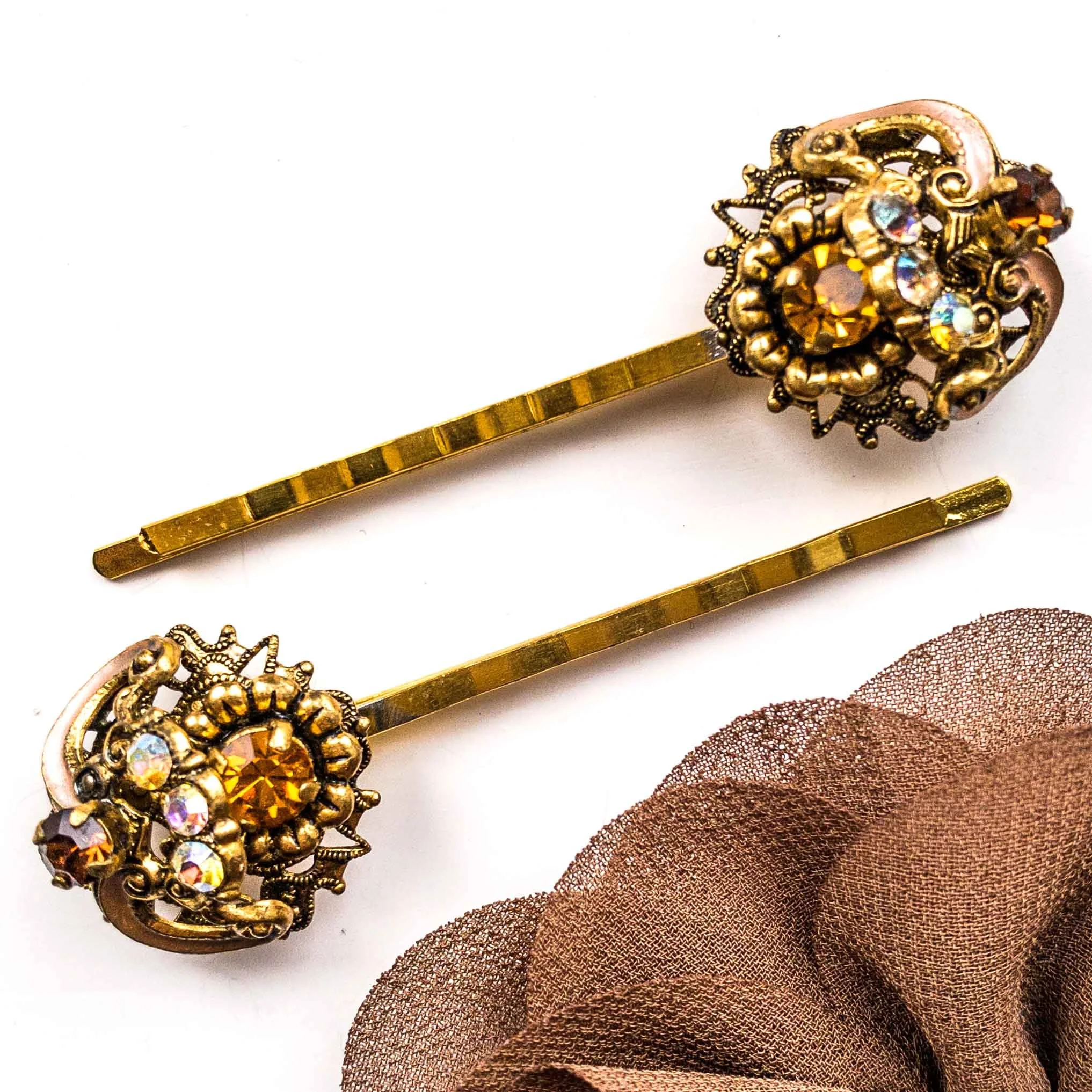 Vintage 1930s Bronze Amber Topaz Bridal Wedding Hair Pins